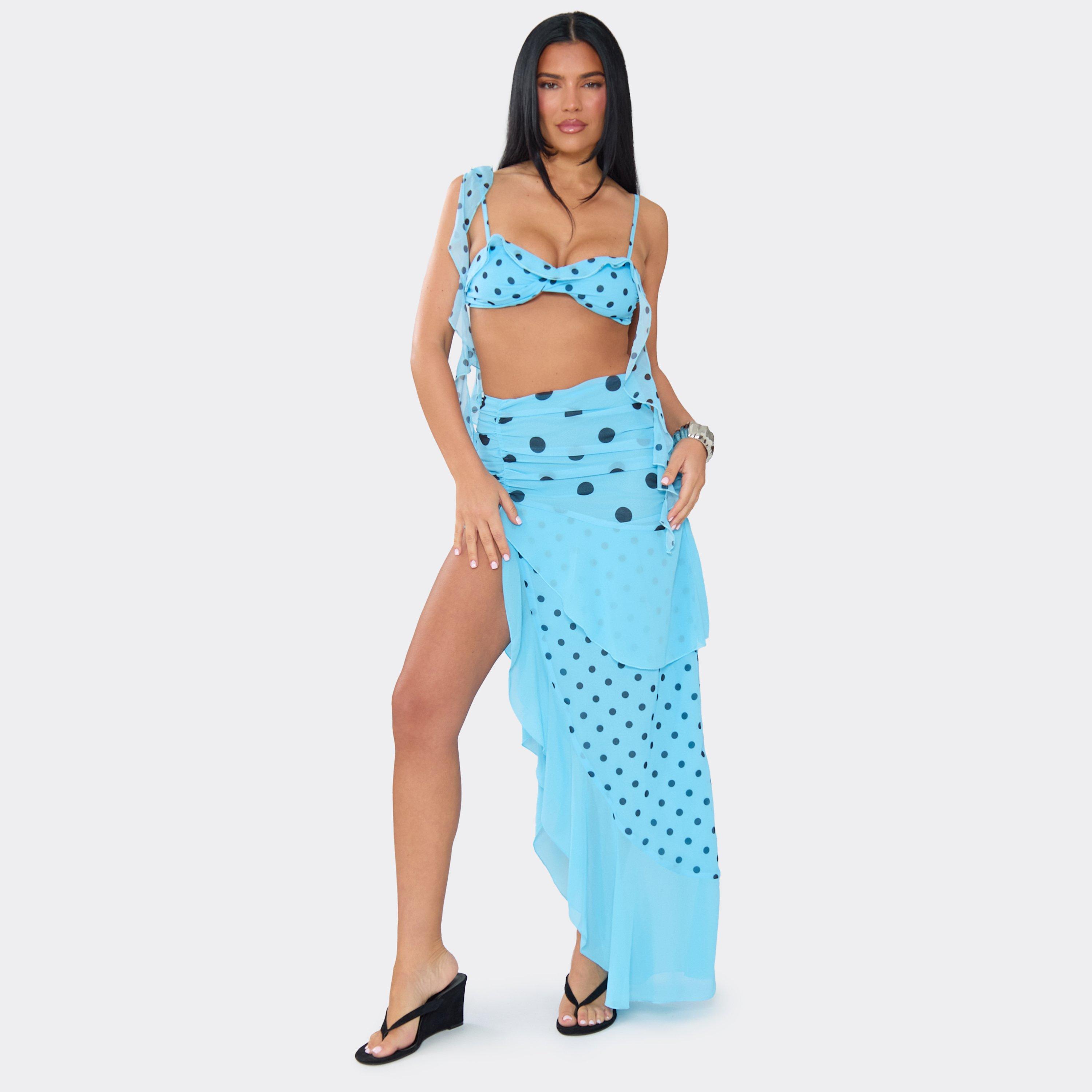 Frill Drape Tiered Side Split Maxi Skirt In Blue Polka Dot, Women's Size UK 10