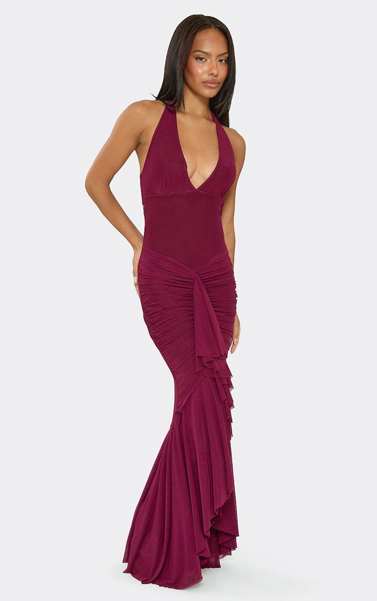 Halterneck Ruched Mesh Maxi Dress In Plum.