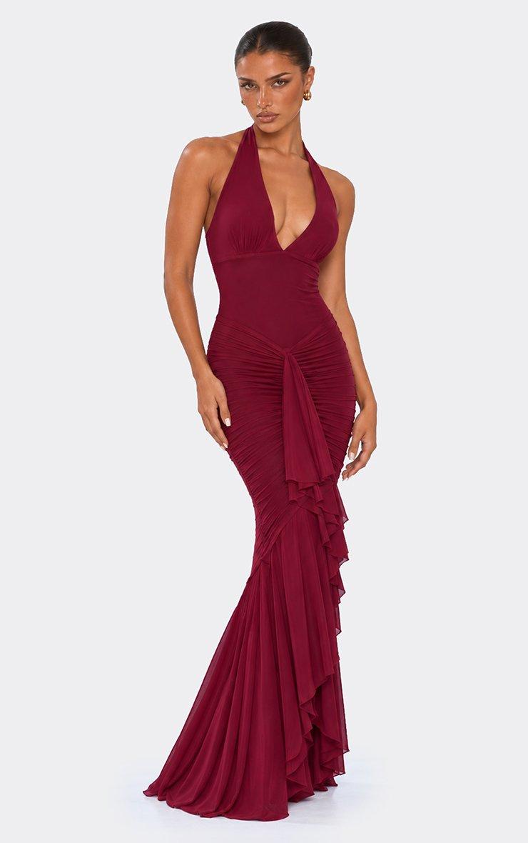 Halterneck Ruched Mesh Maxi Dress In Plum