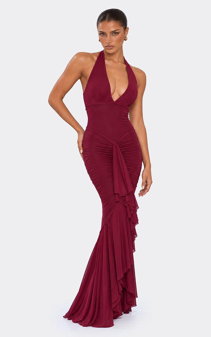 Halterneck Ruched Mesh Maxi Dress In Plum
