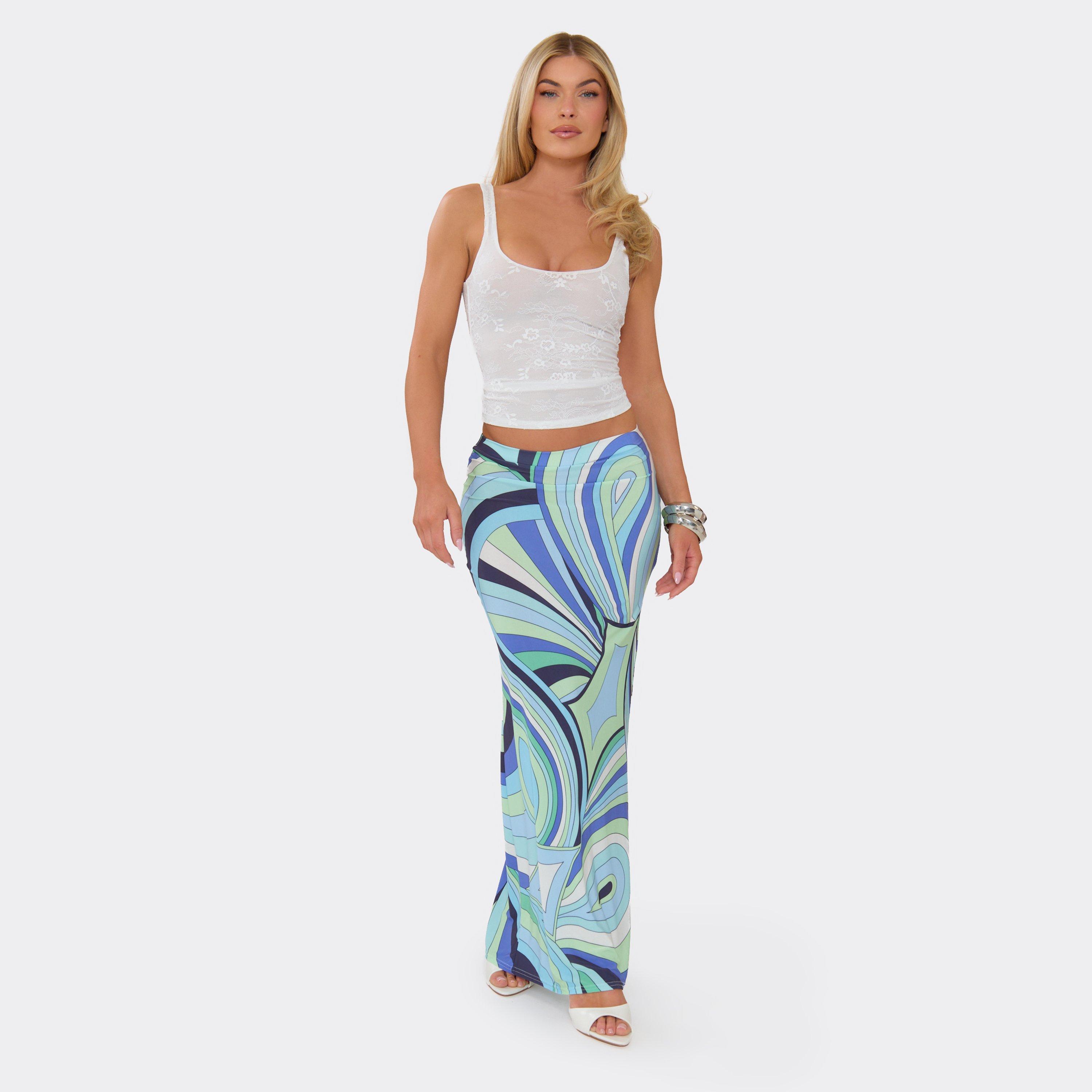 Mid Rise Maxi Skirt In Blue Abstract Print, Women's Size UK 6