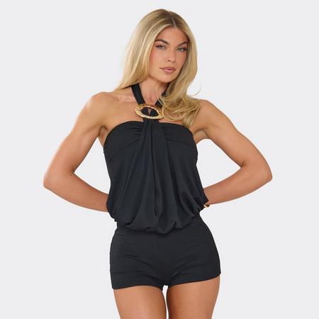 Halterneck Trim Detail Blouson Playsuit In Black, Women's Size US