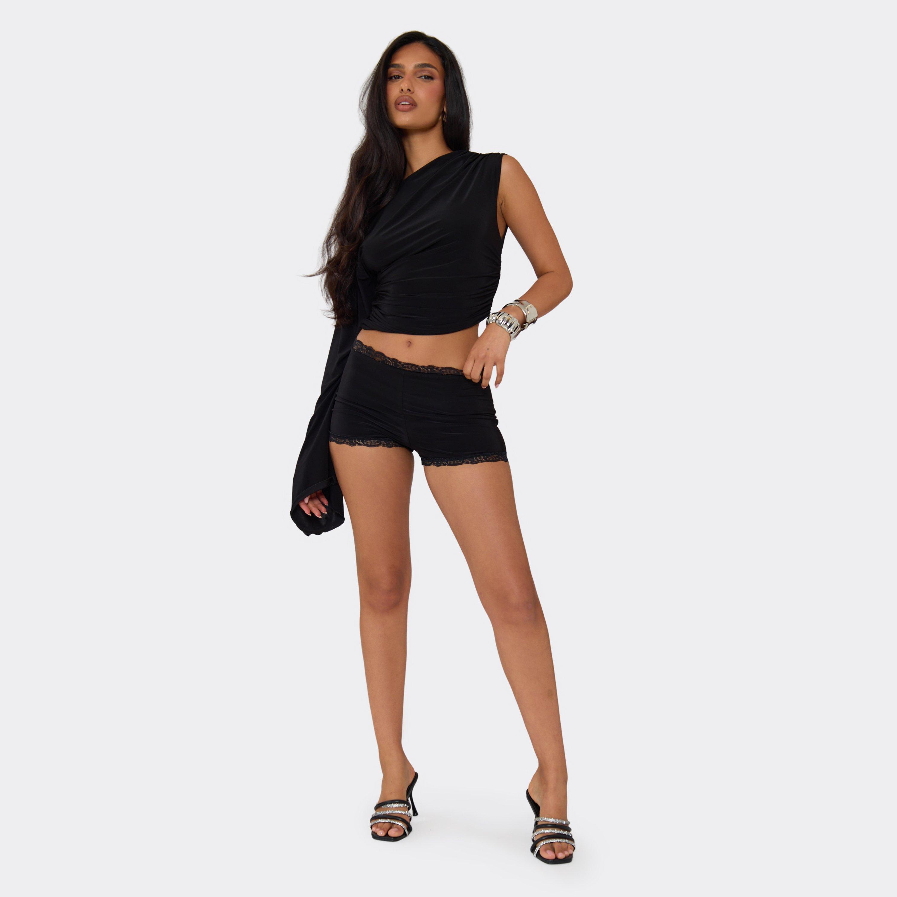 Low Waist Lace Trim Hot Pant Shorts In Black, Women's Size UK 10