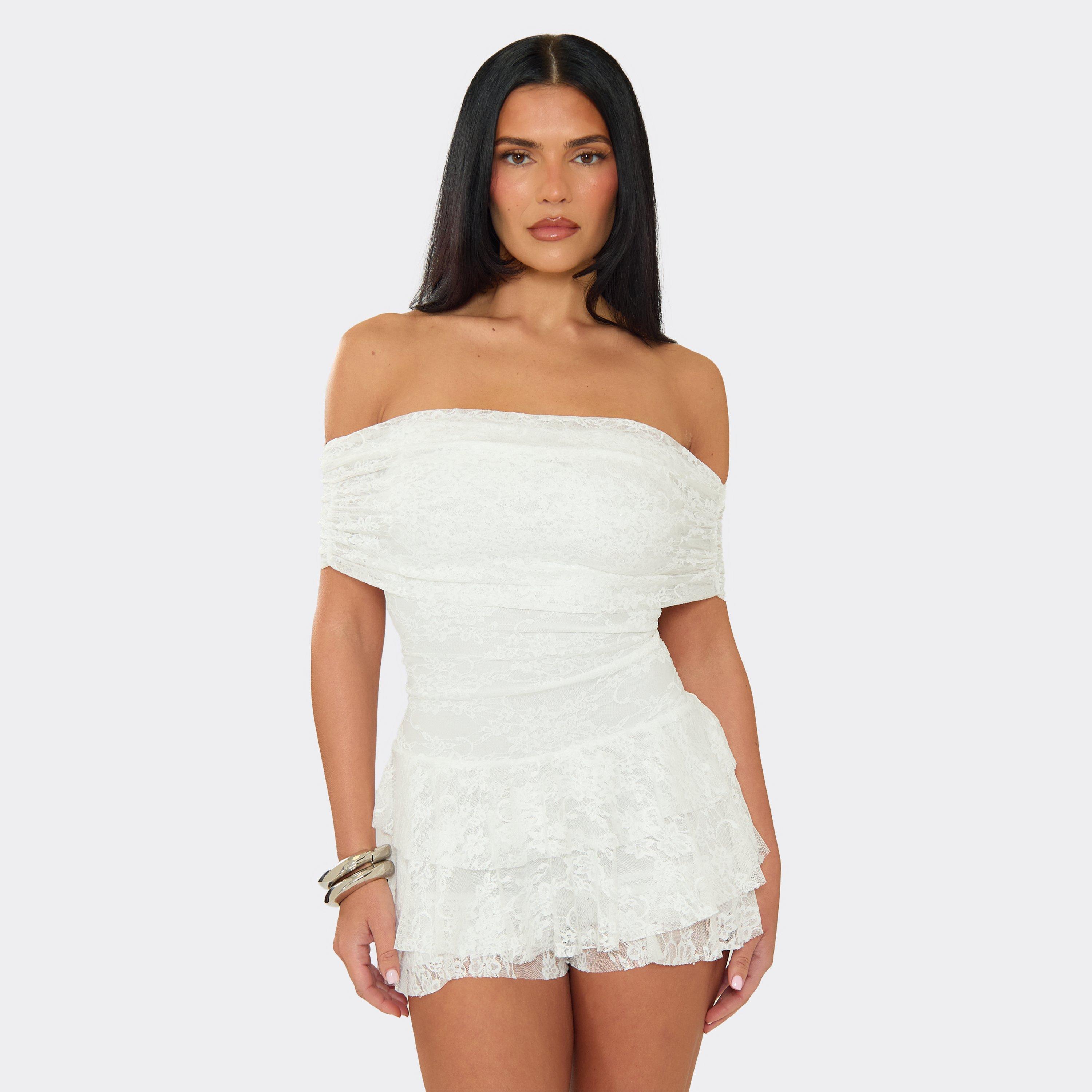 Bardot Tiered Ruffle Hem Playsuit In White Lace, Women's Size UK 10
