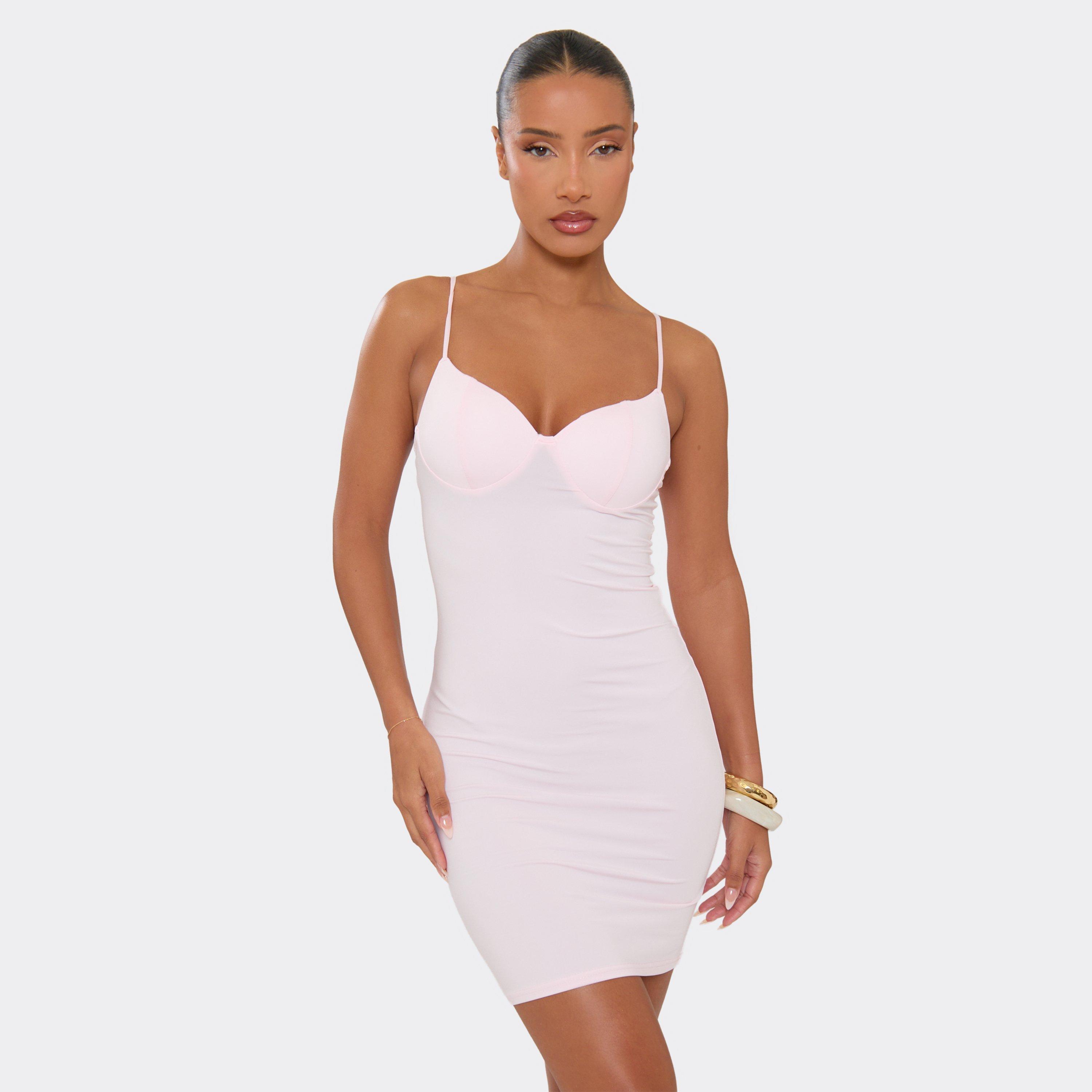 Strappy Cup Detail Bodycon Mini Dress In Baby Pink, Women’s/L