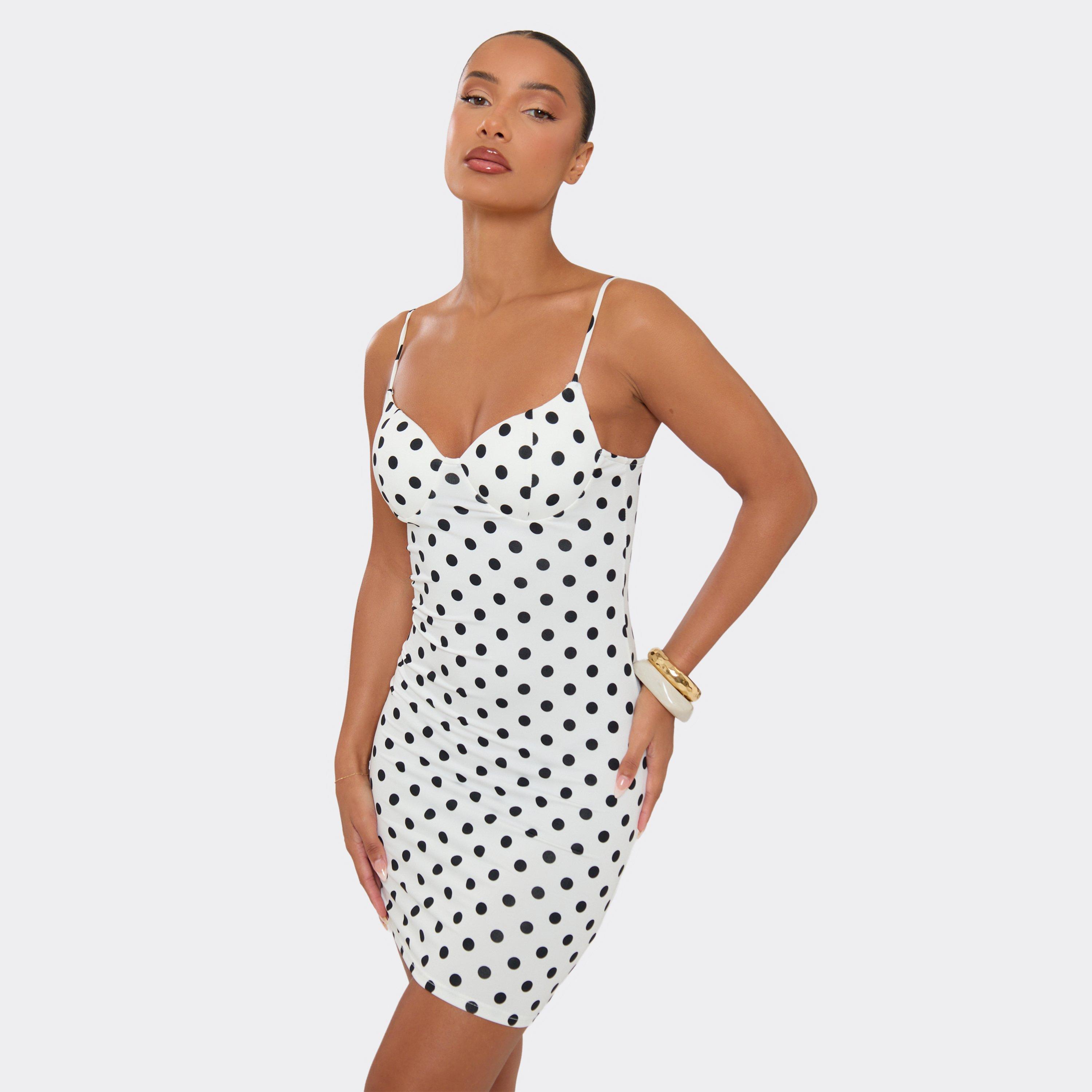 Strappy Cup Detail Bodycon Mini Dress In White Polka Dot, Women’s/L