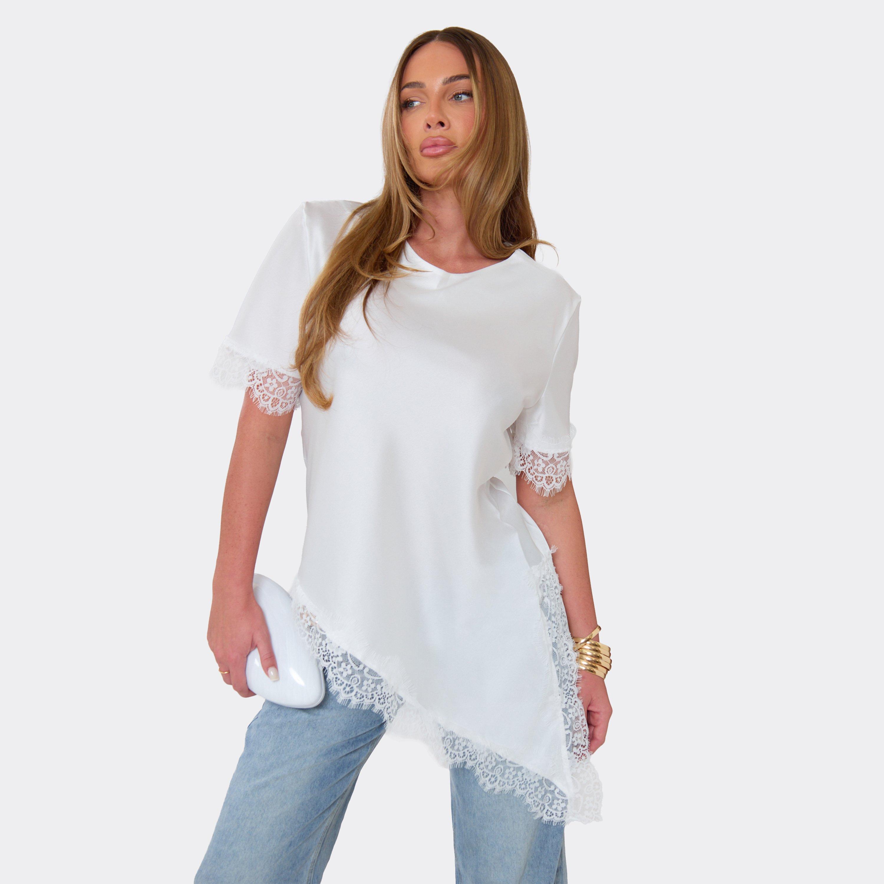 Short Sleeve Asymmetric Lace Trim T-Shirt In White, Women's Size UK S