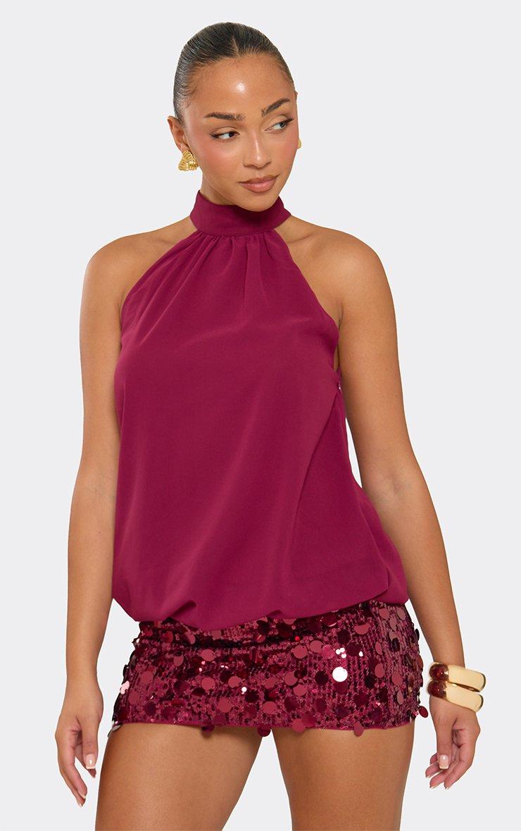 High Neck Blouson Sequin Detail Dress In Plum