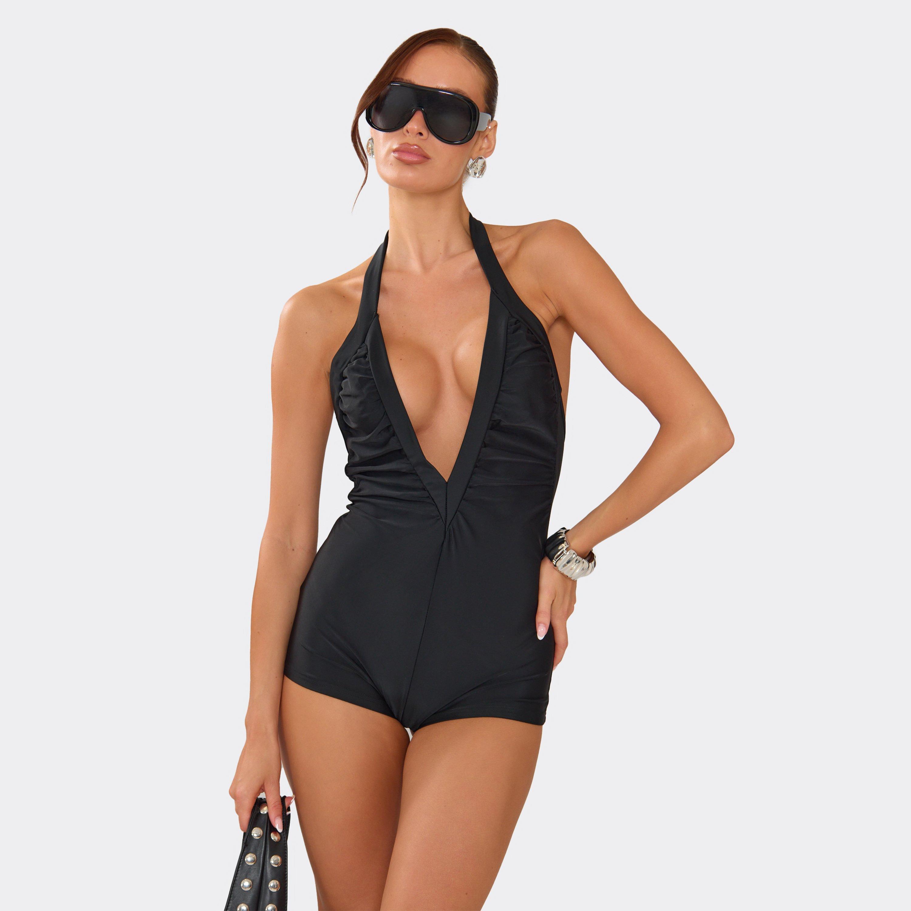 Halterneck V Plunge Front Ruched Detail Playsuit In Black, Women's Size UK L