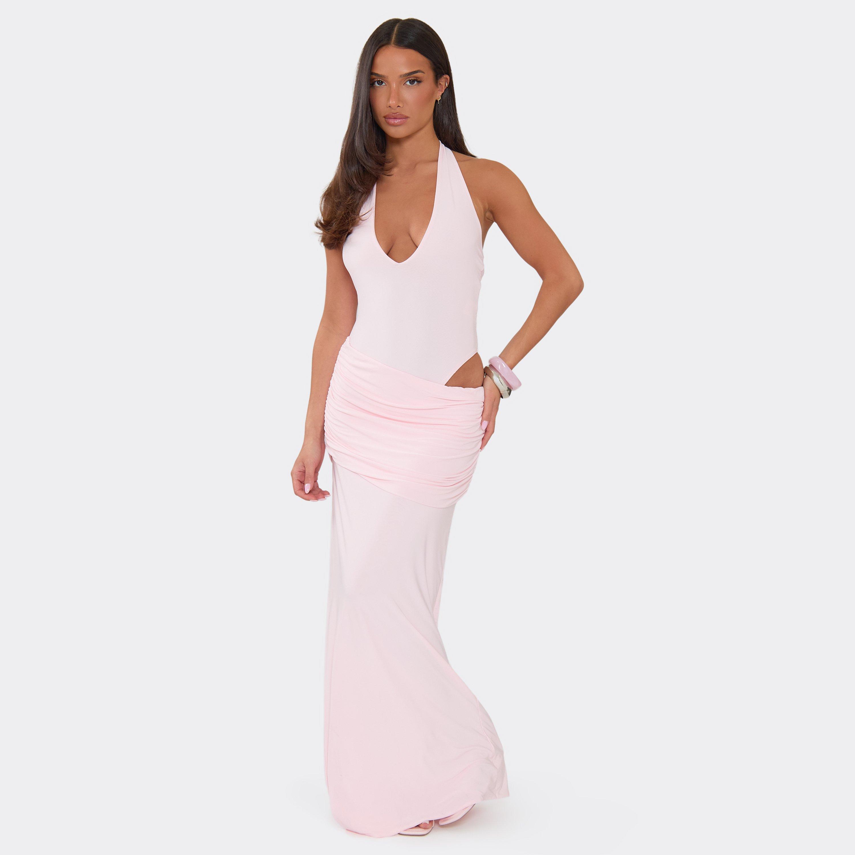Plunge Bodysuit Detail Ruched Maxi Dress In Pink, Women's Size UK 14