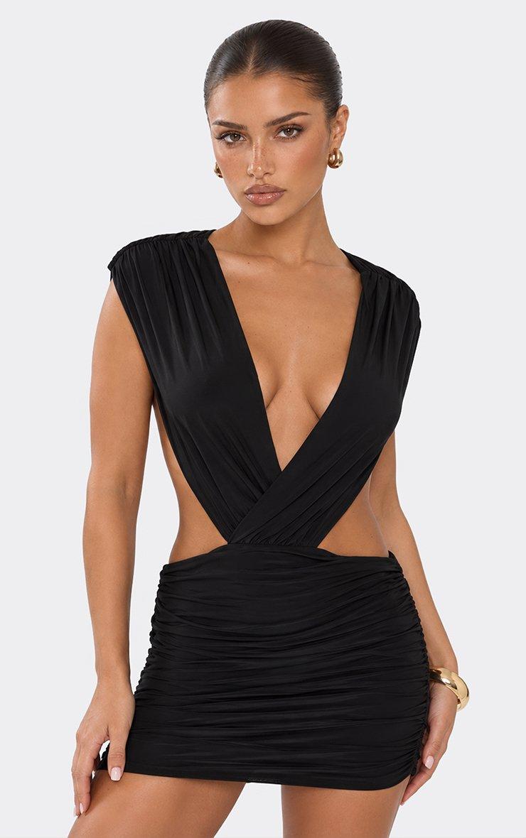 Sleeveless Plunge Front Open Back Mini Dress In Black.
