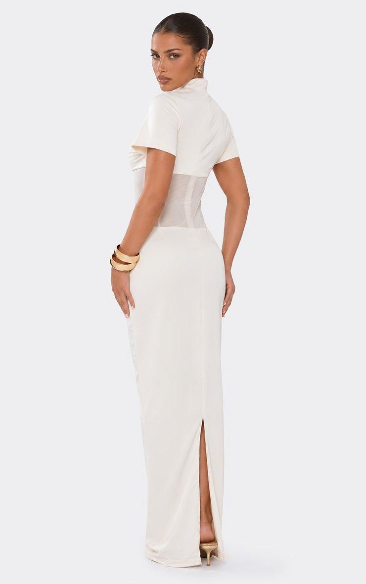 High Neck Short Sleeve Mesh Panel Maxi Dress In Cream Satin.