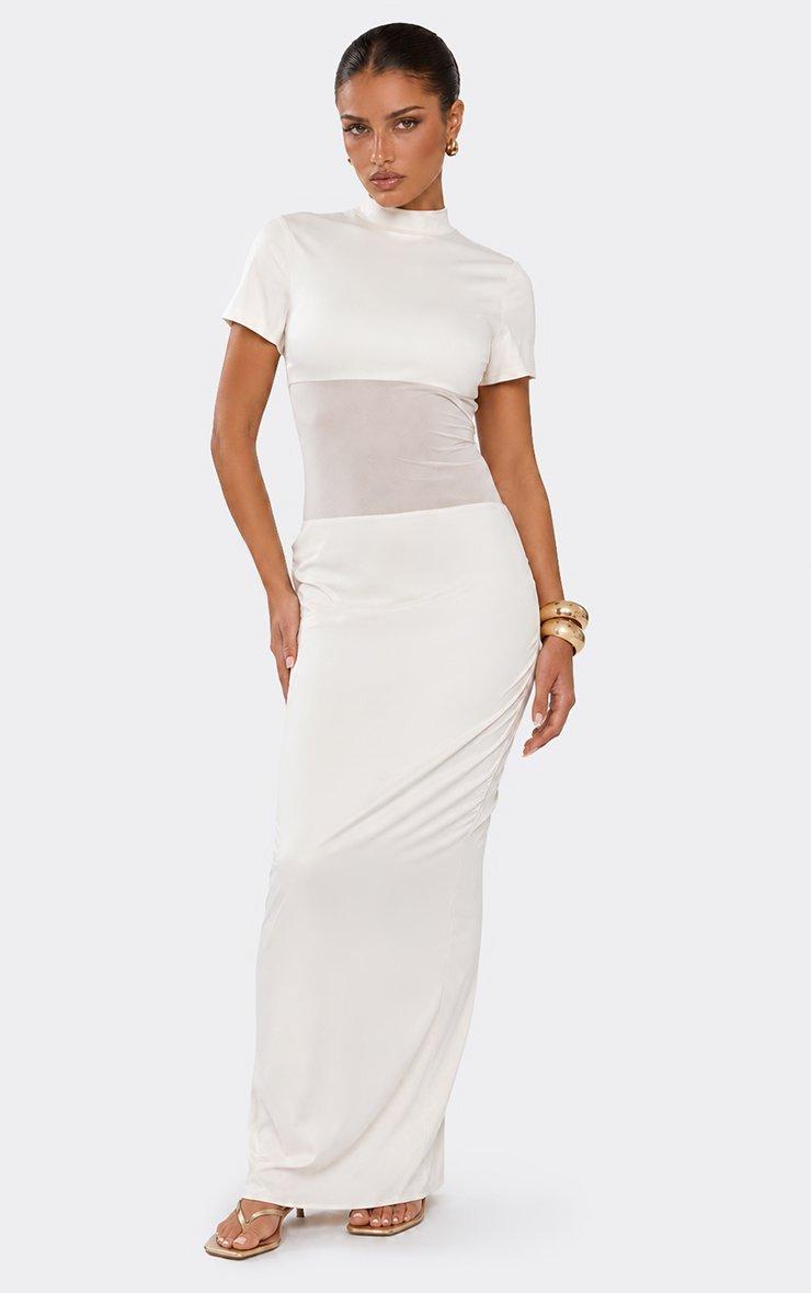 High Neck Short Sleeve Mesh Panel Maxi Dress In Cream Satin.