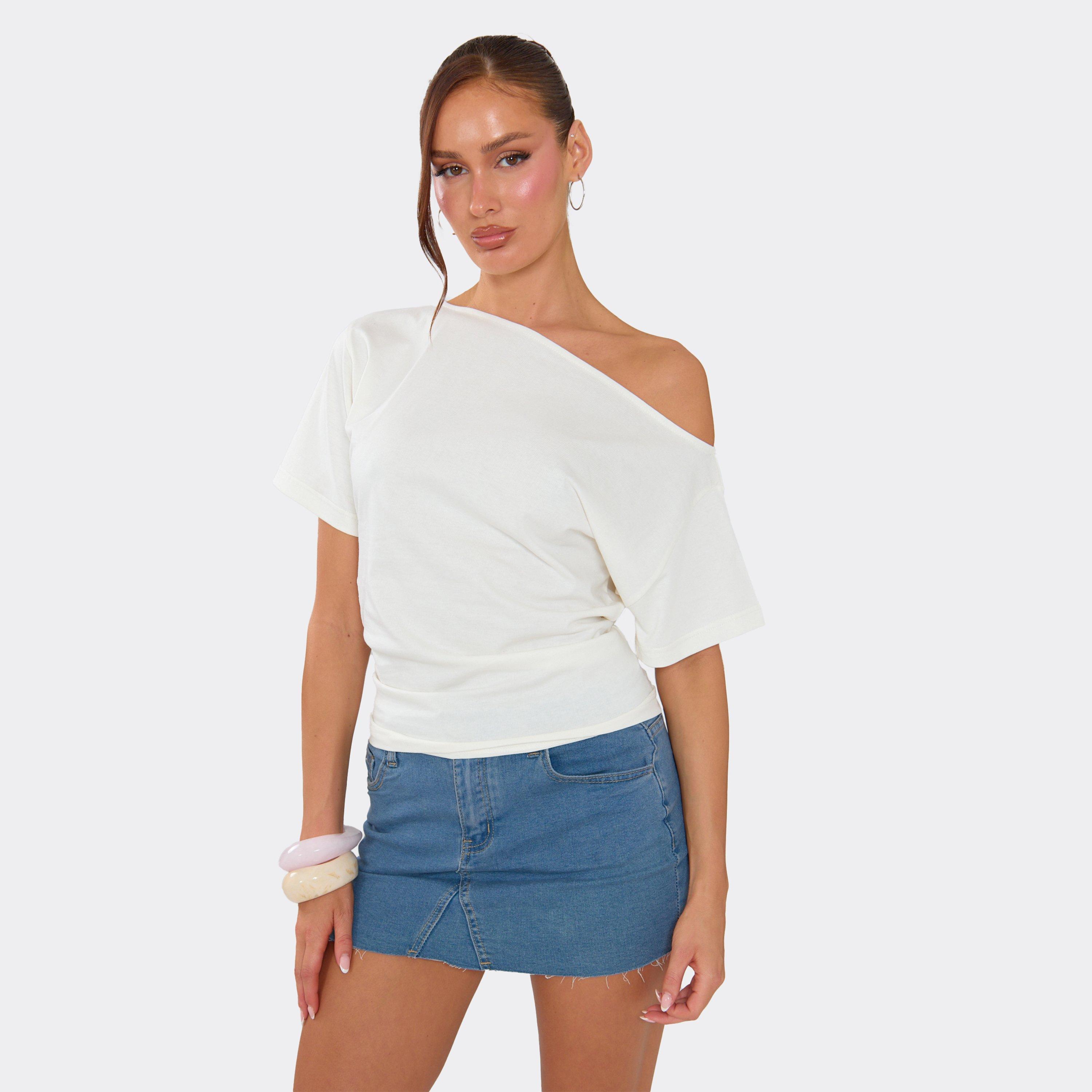 Off The Shoulder Oversized T-Shirt In White, Women's Size UK 6