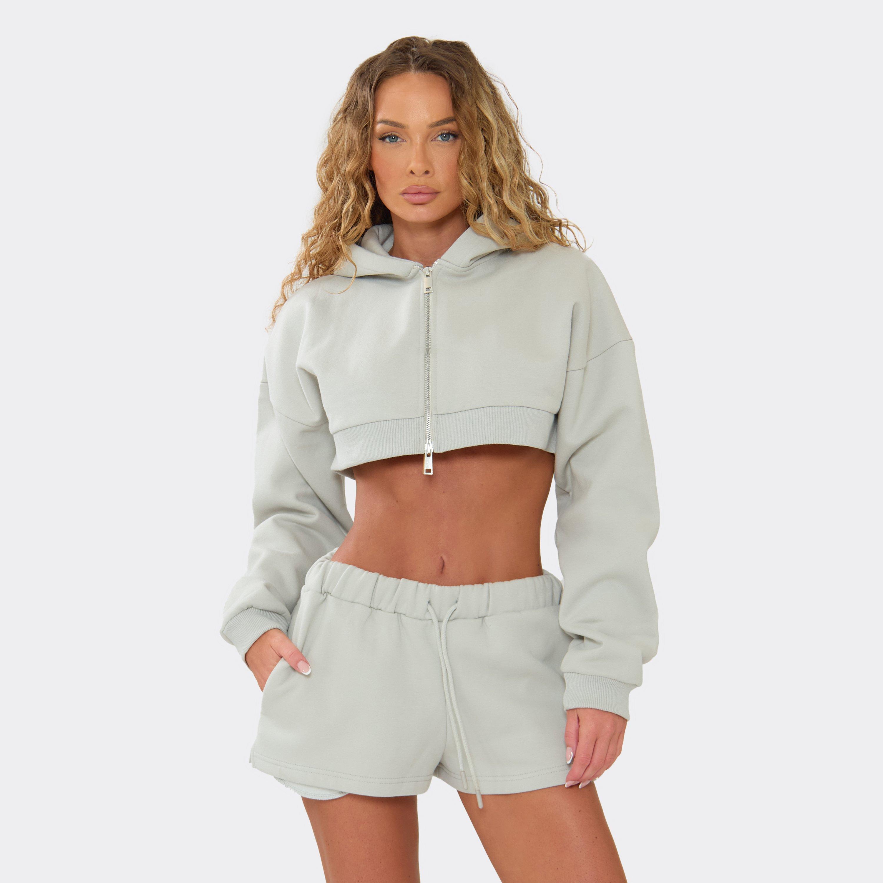 Long Sleeve Boxy Zip Up Cropped Hoodie In Grey, Women's Size US 2