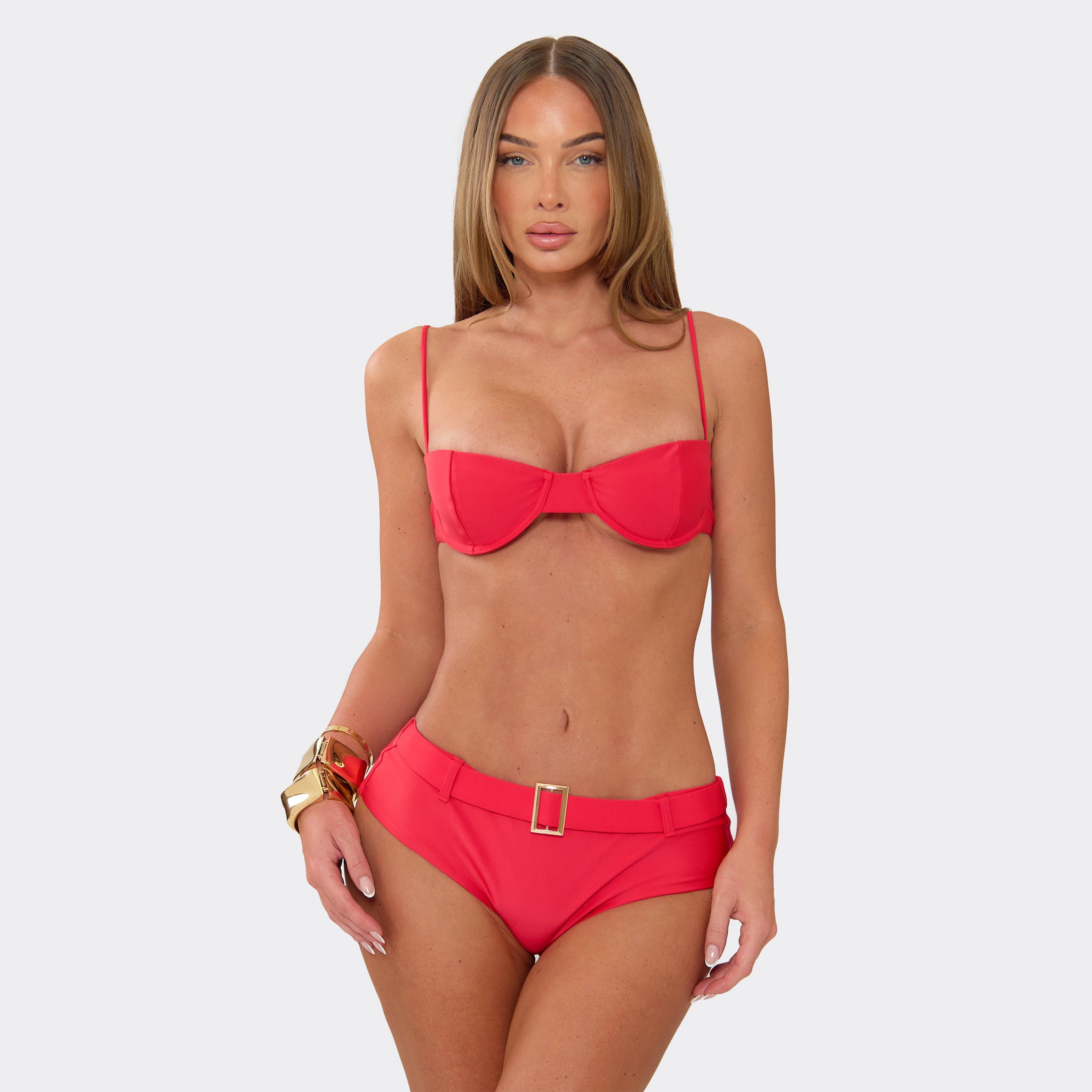Underwired Belt Detail Bikini Set In Red, Women's Size UK 10