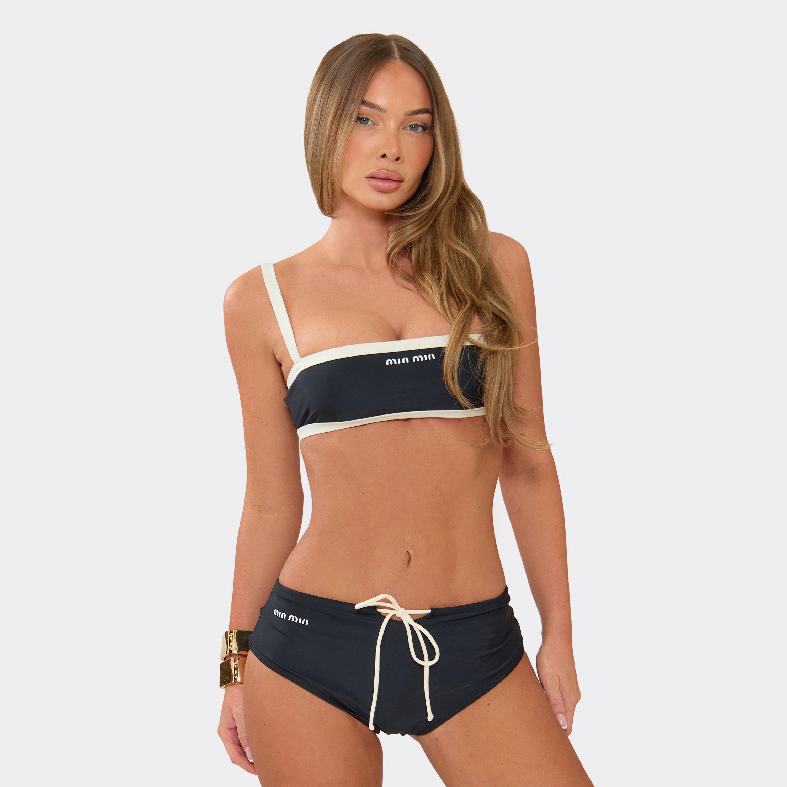 Drawstring Waist Logo Detail Bikini Shorts In Black, Women's Size UK 8