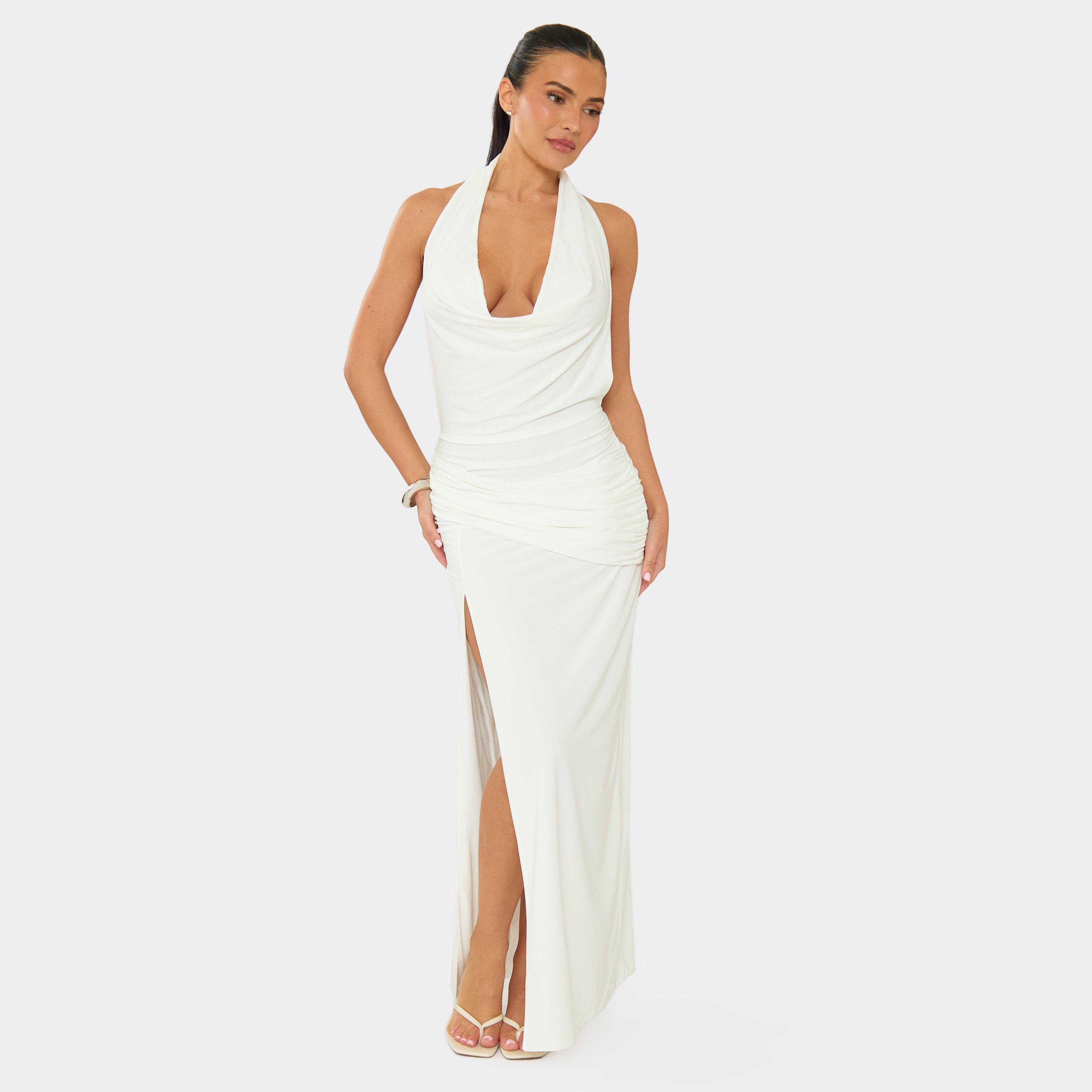 Cowl Front Open Back Split Leg Maxi Dress In White, Women's Size UK 6