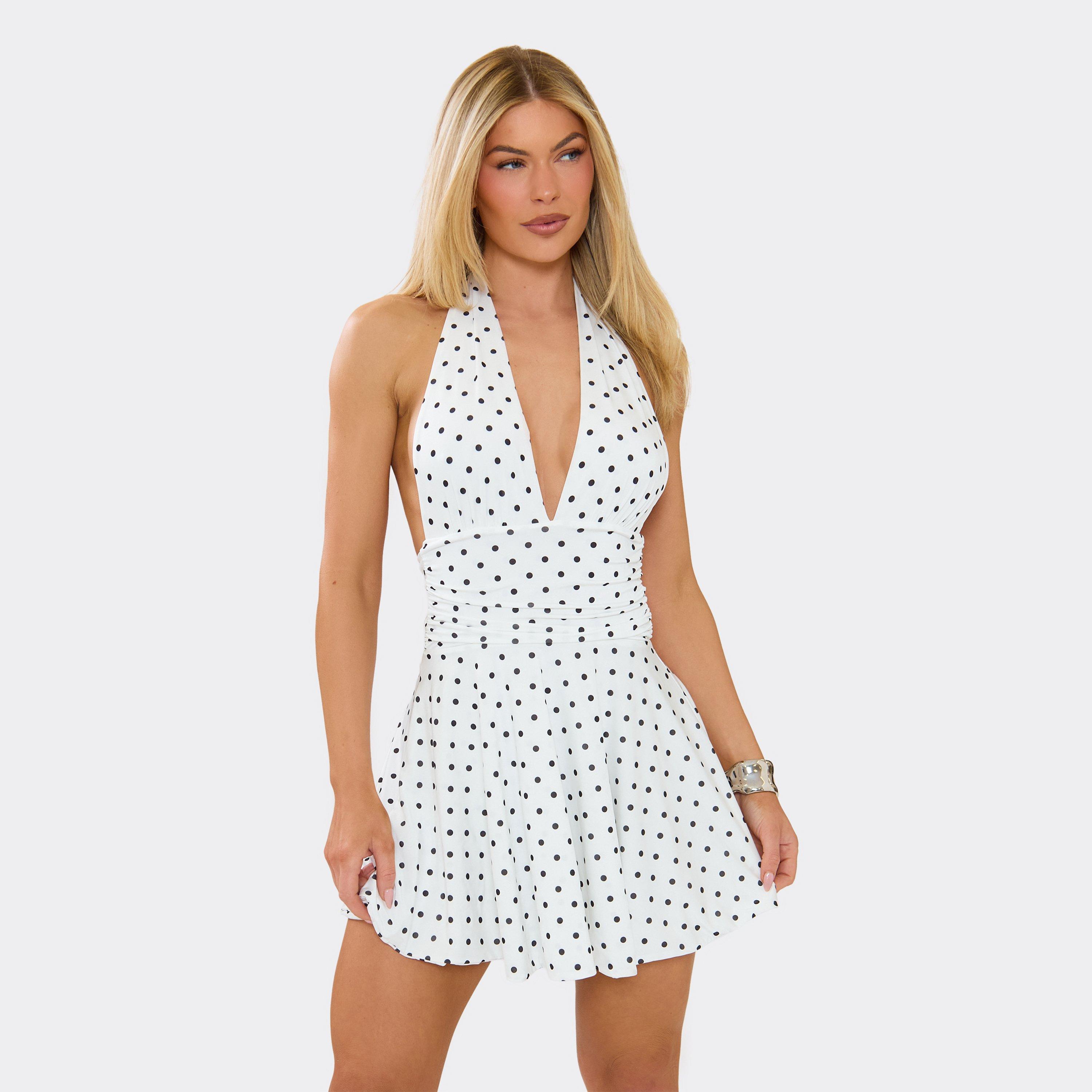 Plunge Front Flippy Hem Mini Dress In White Polka Dot, Women's Size UK 6
