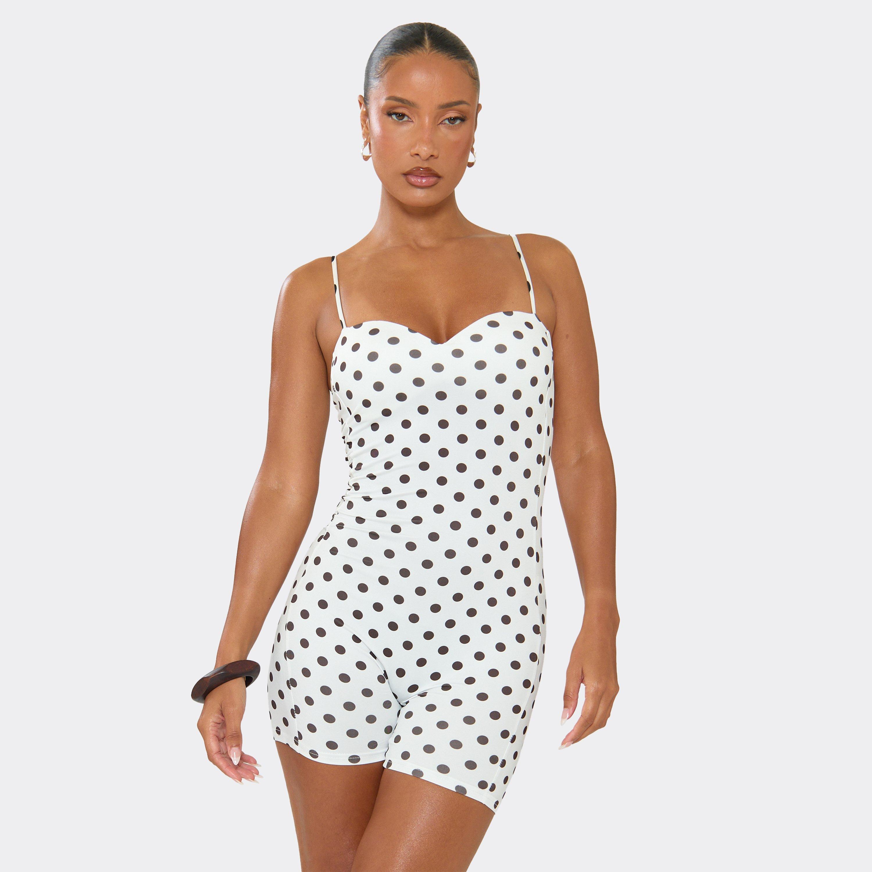 Strappy Cup Detail Playsuit In White Polka Dot, Women's Size UK M/L