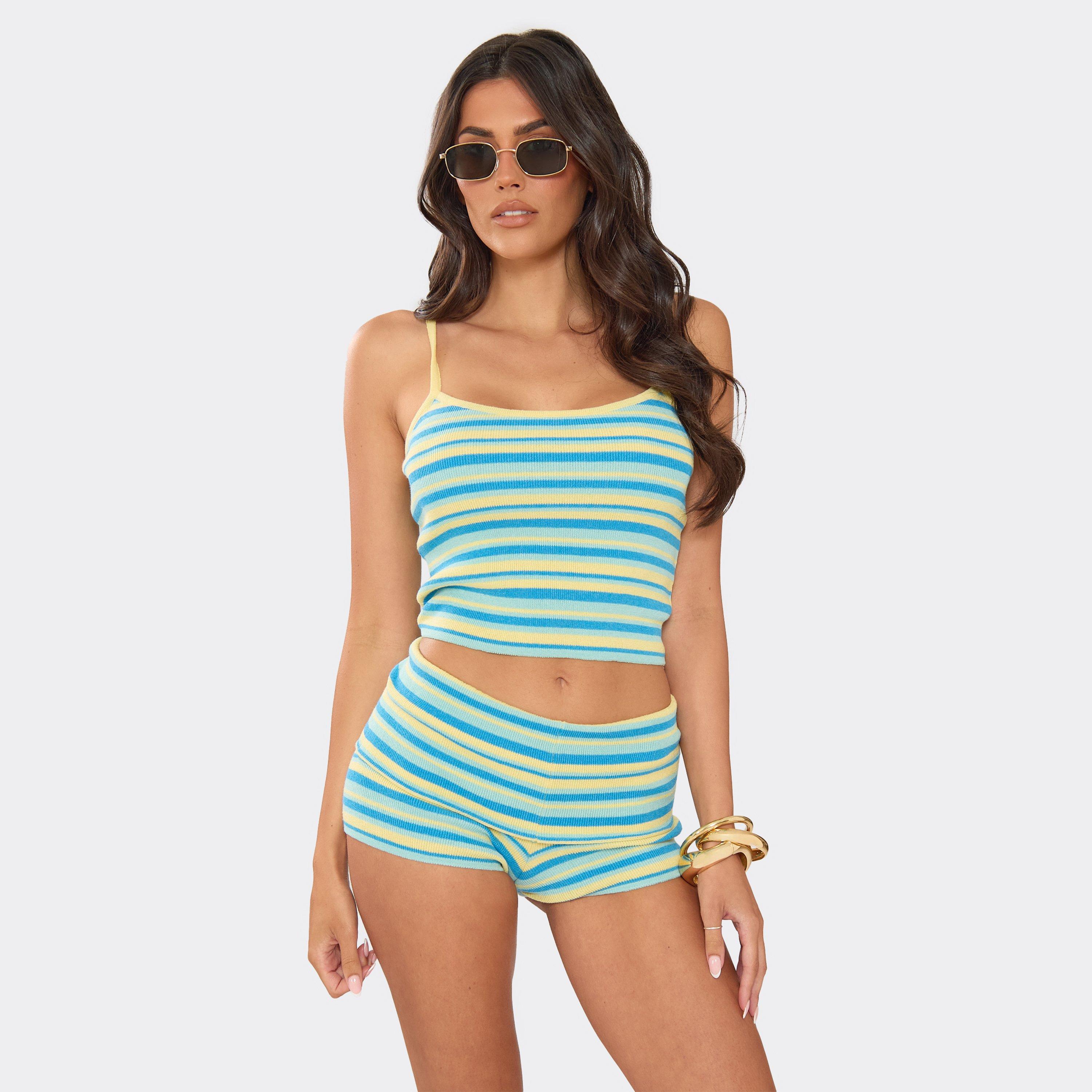Strappy Vest Top In Blue And Lemon Stripe Knit, Women's Size UK L