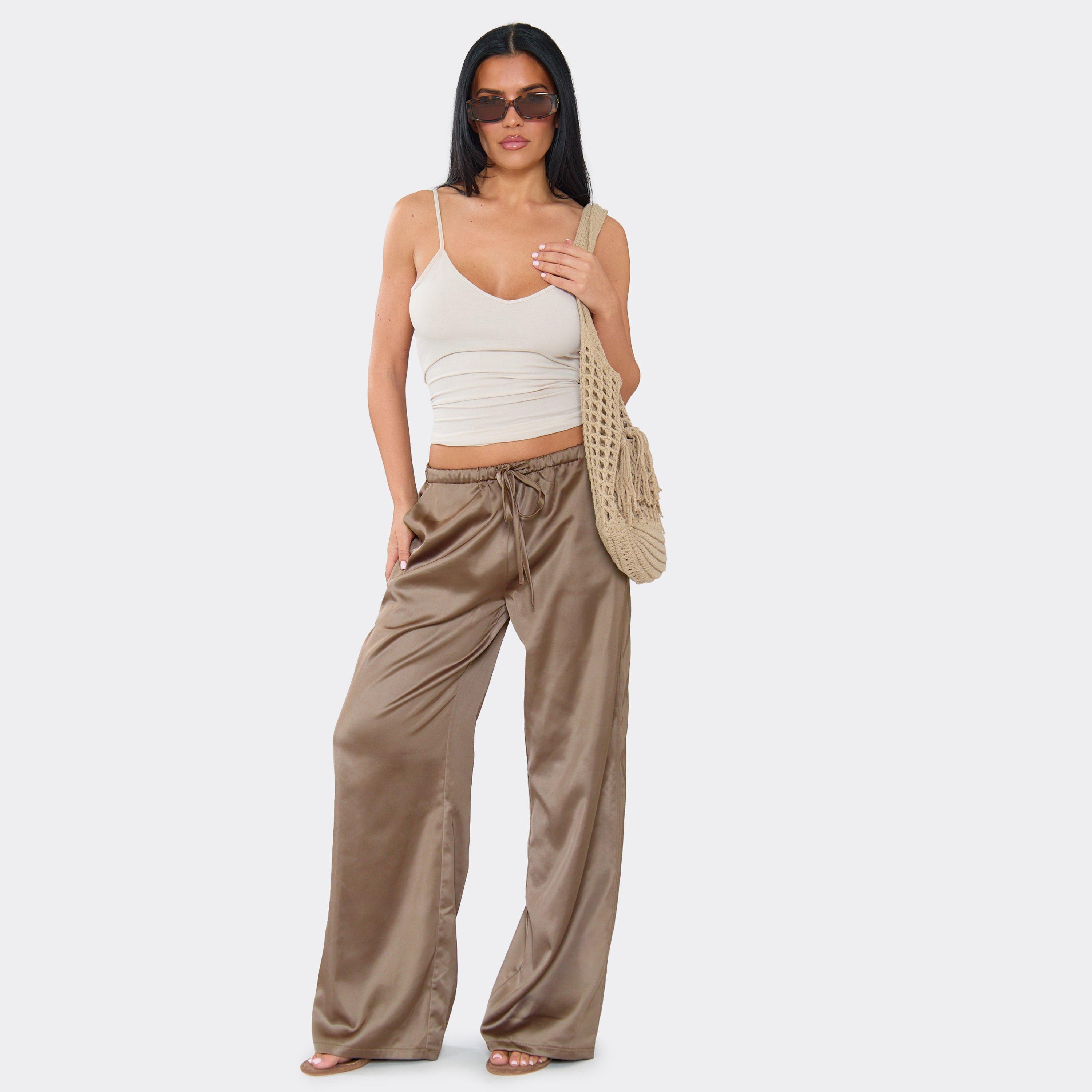 Mid Rise Straight Leg Trousers In Brown Satin, Women's Size UK 6