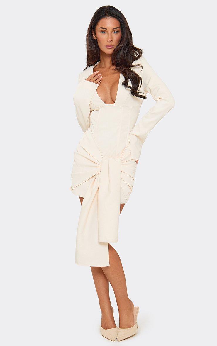Long Sleeve Tie Waist Corset Mini Dress In Cream