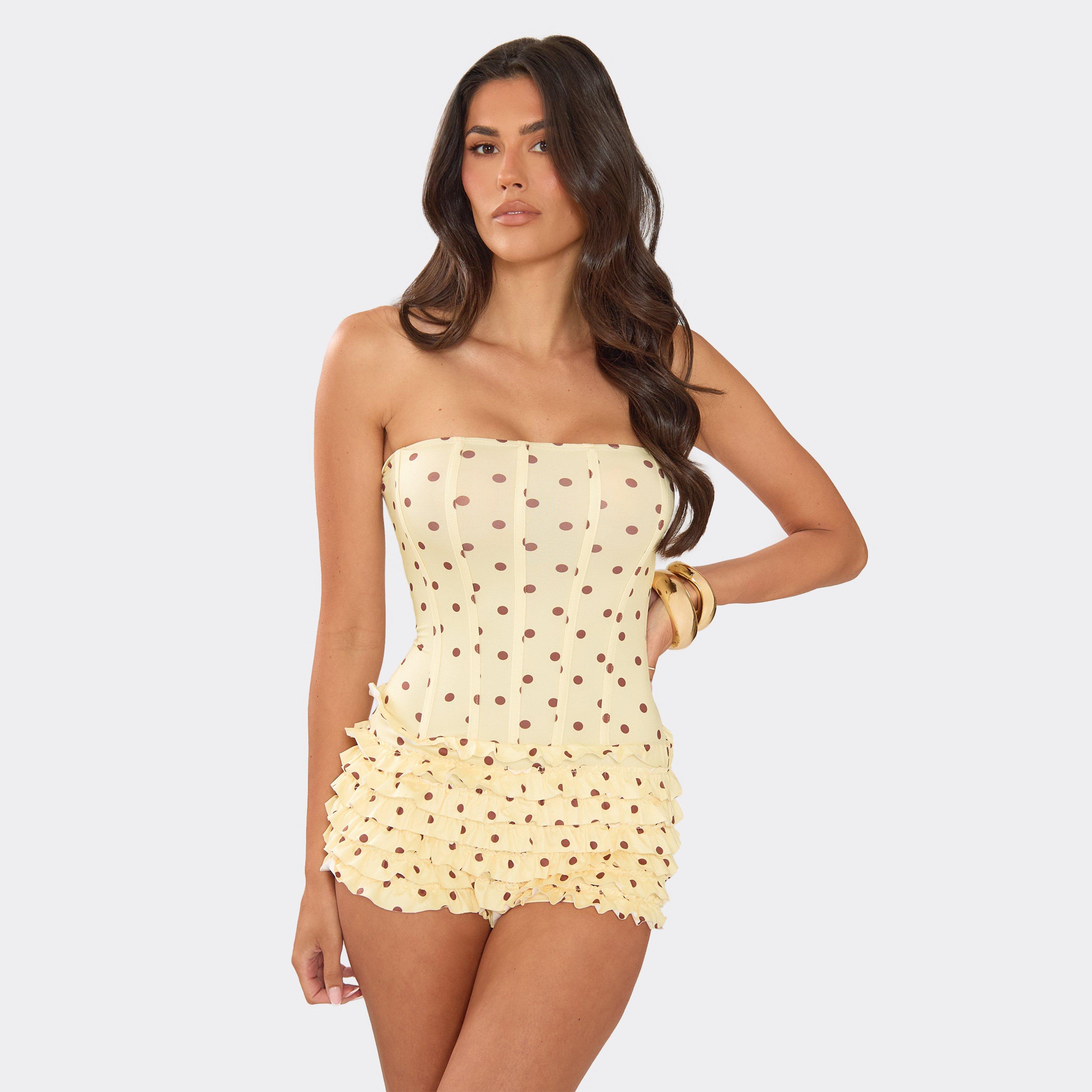 Bandeau Tiered Ruffle Corseted Playsuit In Yellow Polka Dot, Women's Size UK 6