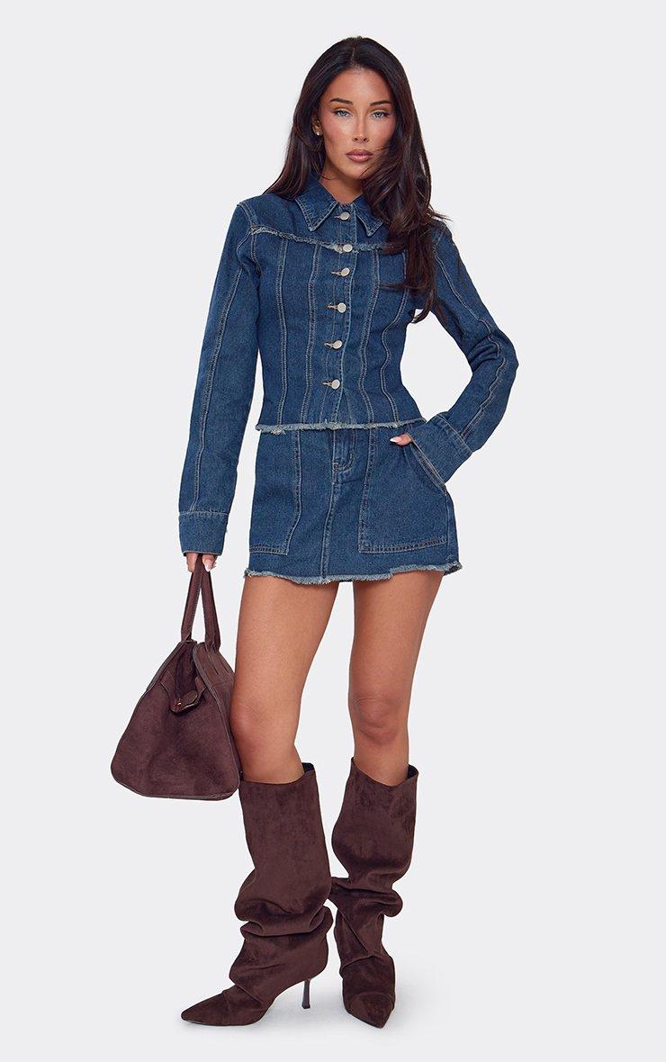 Mid Rise Oversized Pocket Detail Mini Skirt In Blue Denim
