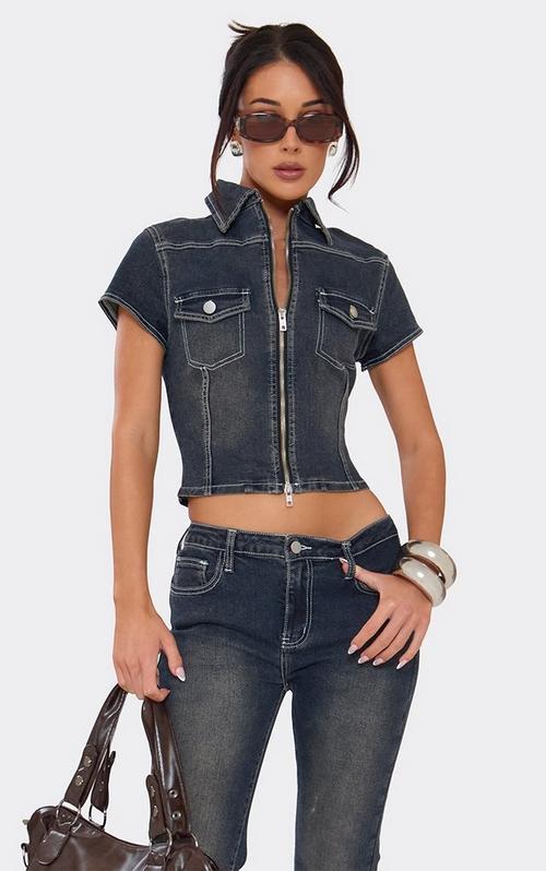 Sleeveless Lace Up Front Crop Top In Vintage Blue Denim | EGO US | EGO