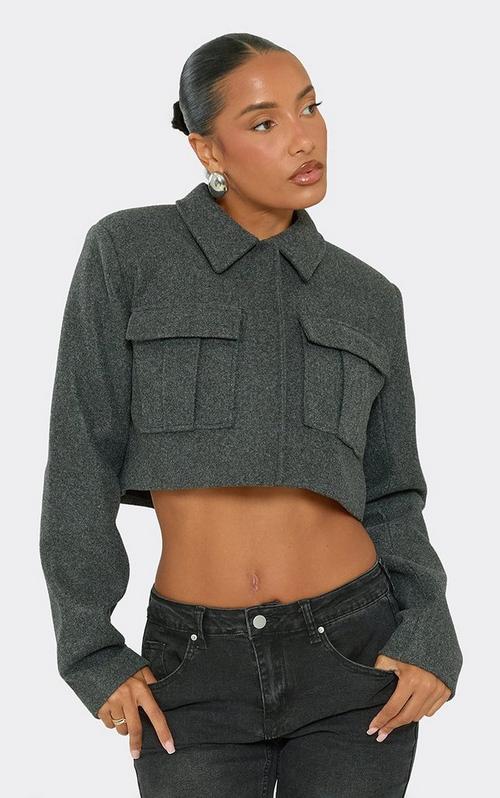 Long Sleeve Extreme Wool Look Crop Bolero Blazer Jacket In Black