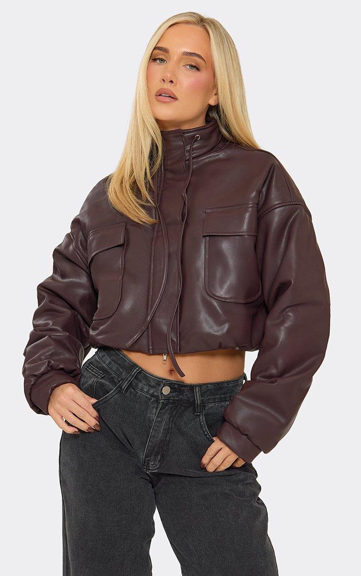 Long Sleeve High Neck Oversized Bomber Jacket In Plum Faux Leather