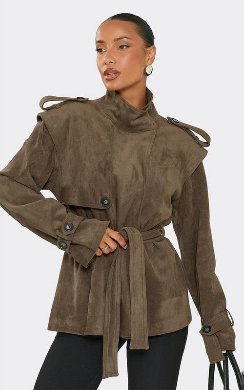 Long Sleeve Structured Midi Trench Coat In Chocolate Brown Faux
