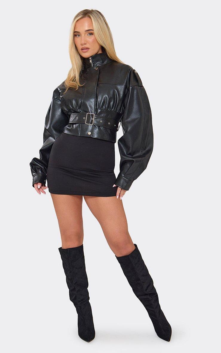 Long Sleeve High Neck Belt Detail Cropped Jacket In Black Faux Leather