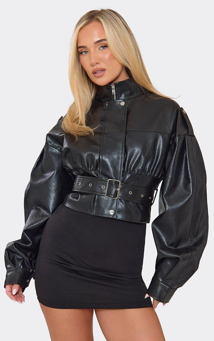 Long Sleeve High Neck Belt Detail Cropped Jacket In Black Faux Leather