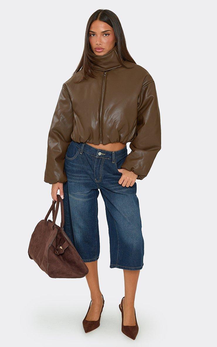 Funnel Neck Wrap Panel Puffer Jacket In Brown Faux Leather