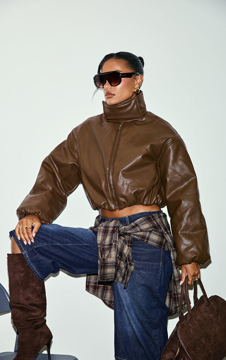 Funnel Neck Wrap Panel Puffer Jacket In Brown Faux Leather