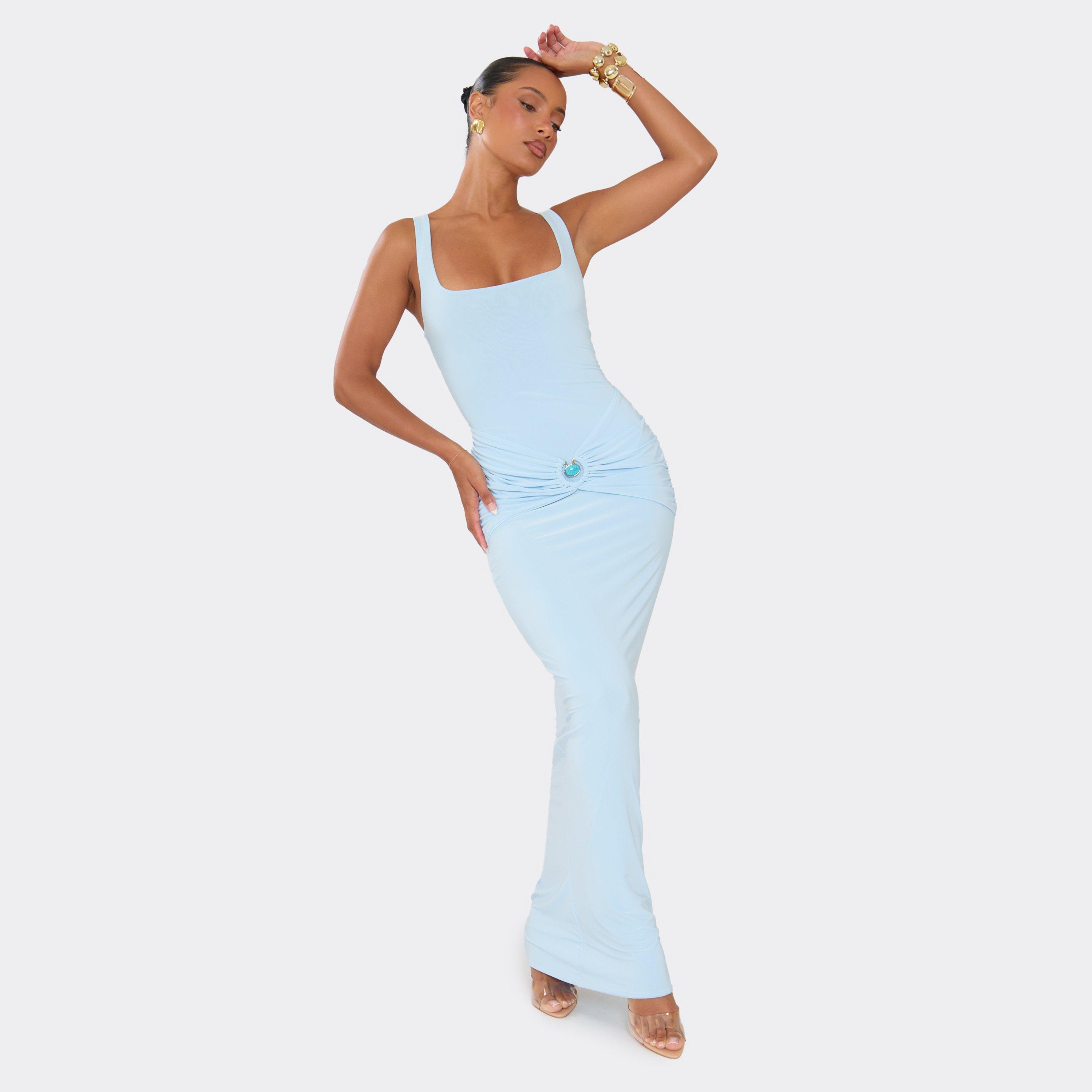 Scoop Neck Trim Detail Maxi Dress In Baby Blue, Women's Size UK 14