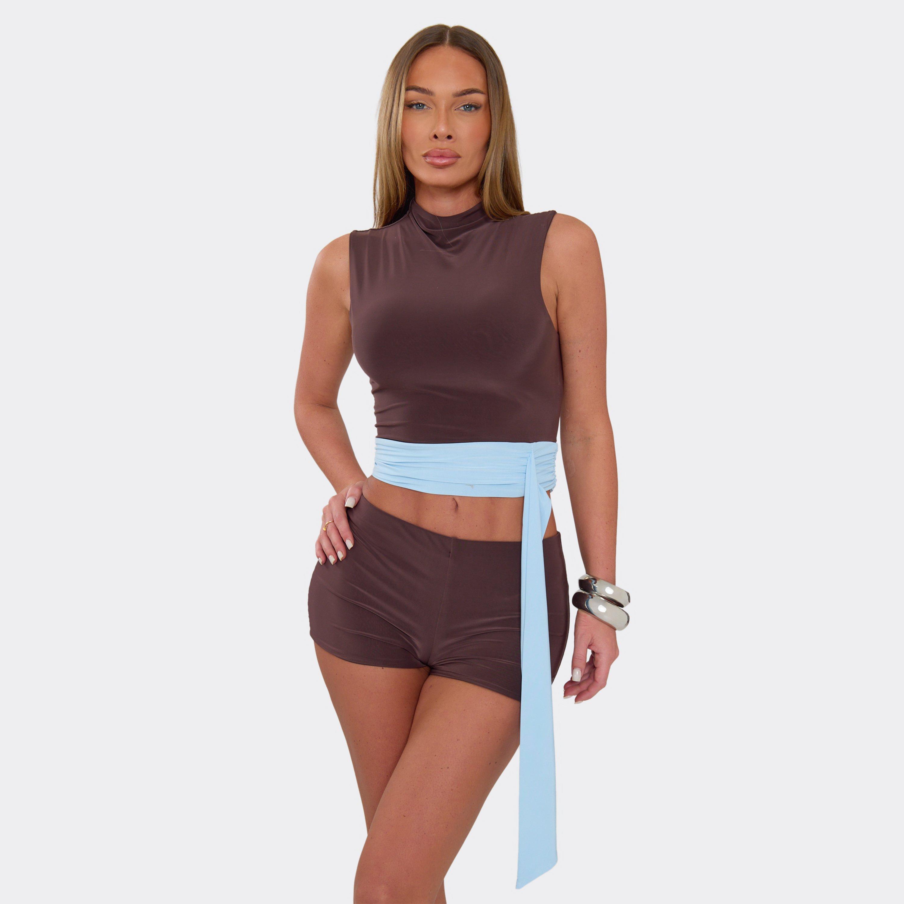 High Neck Contrast Drape Panel Detail Sleeveless Top In Brown, Women's Size UK 14