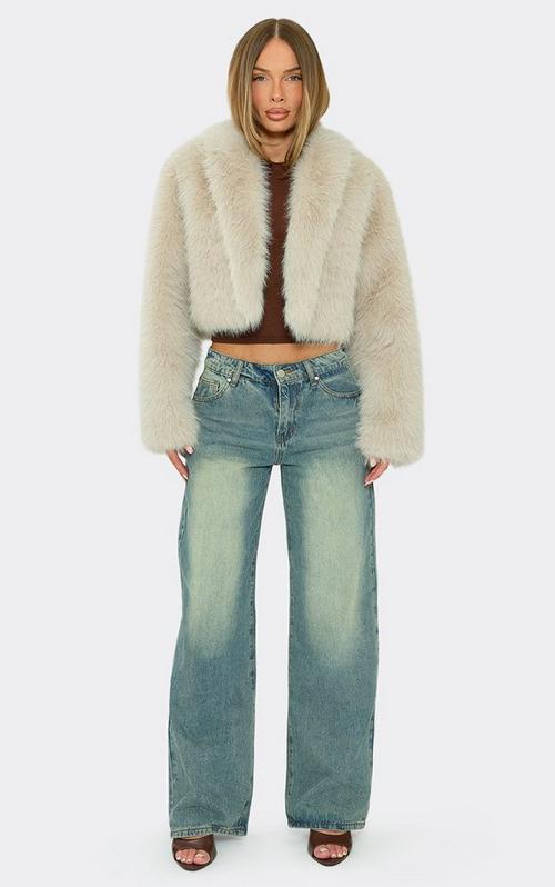Oversized Collar Detail Cropped Shaggy Coat In White faux Fur