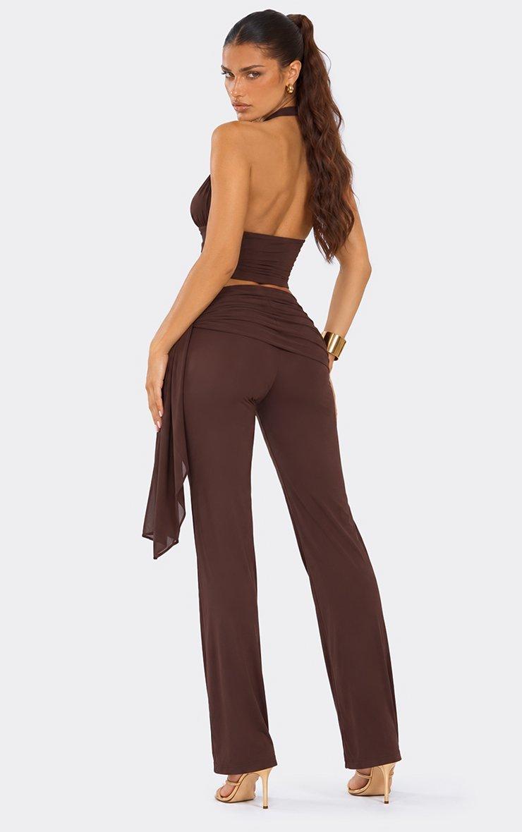 Mid Rise Wrap Front Straight Leg Trousers In Brown.