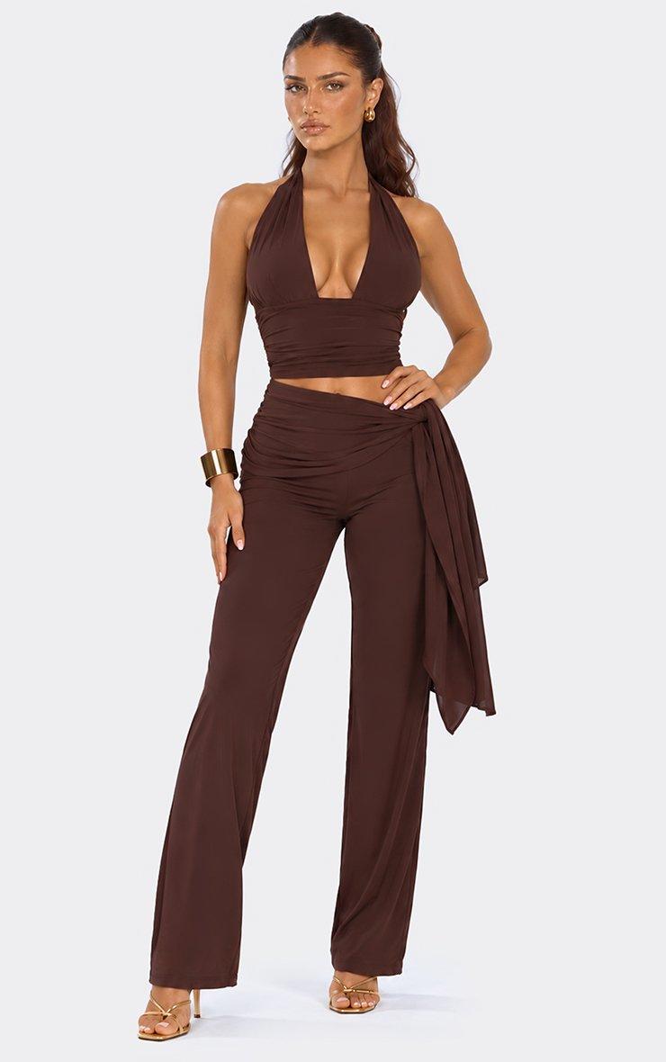 Mid Rise Wrap Front Straight Leg Trousers In Brown.