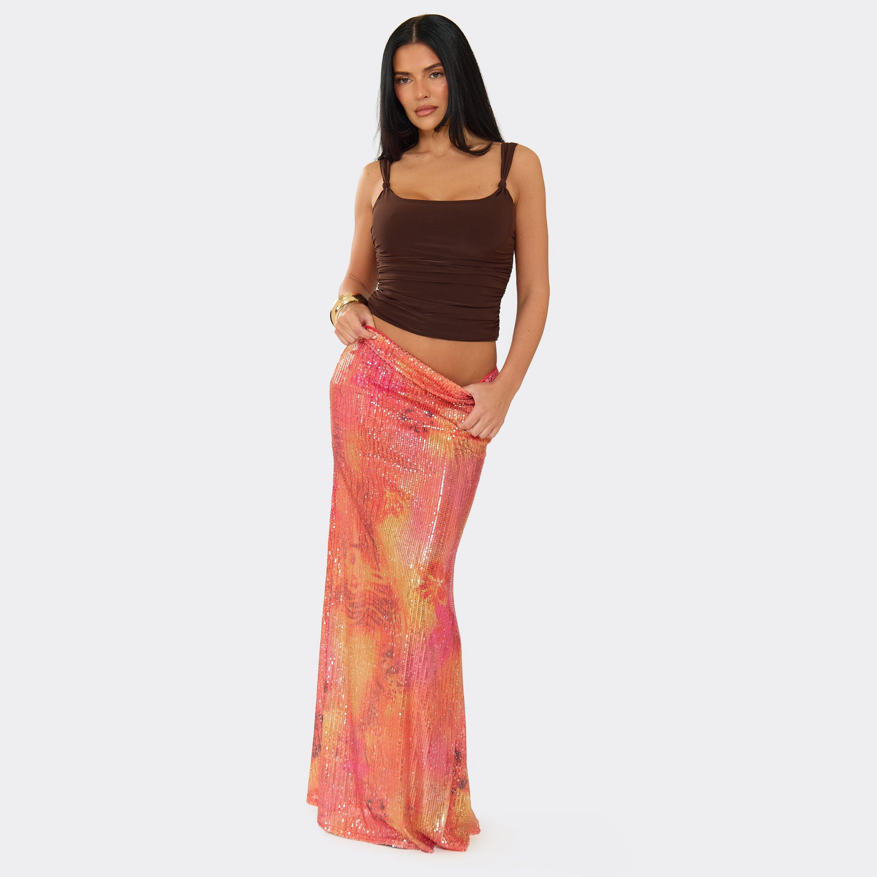Low Rise Printed Maxi Skirt In Orange Sequin, Women's Size UK 6