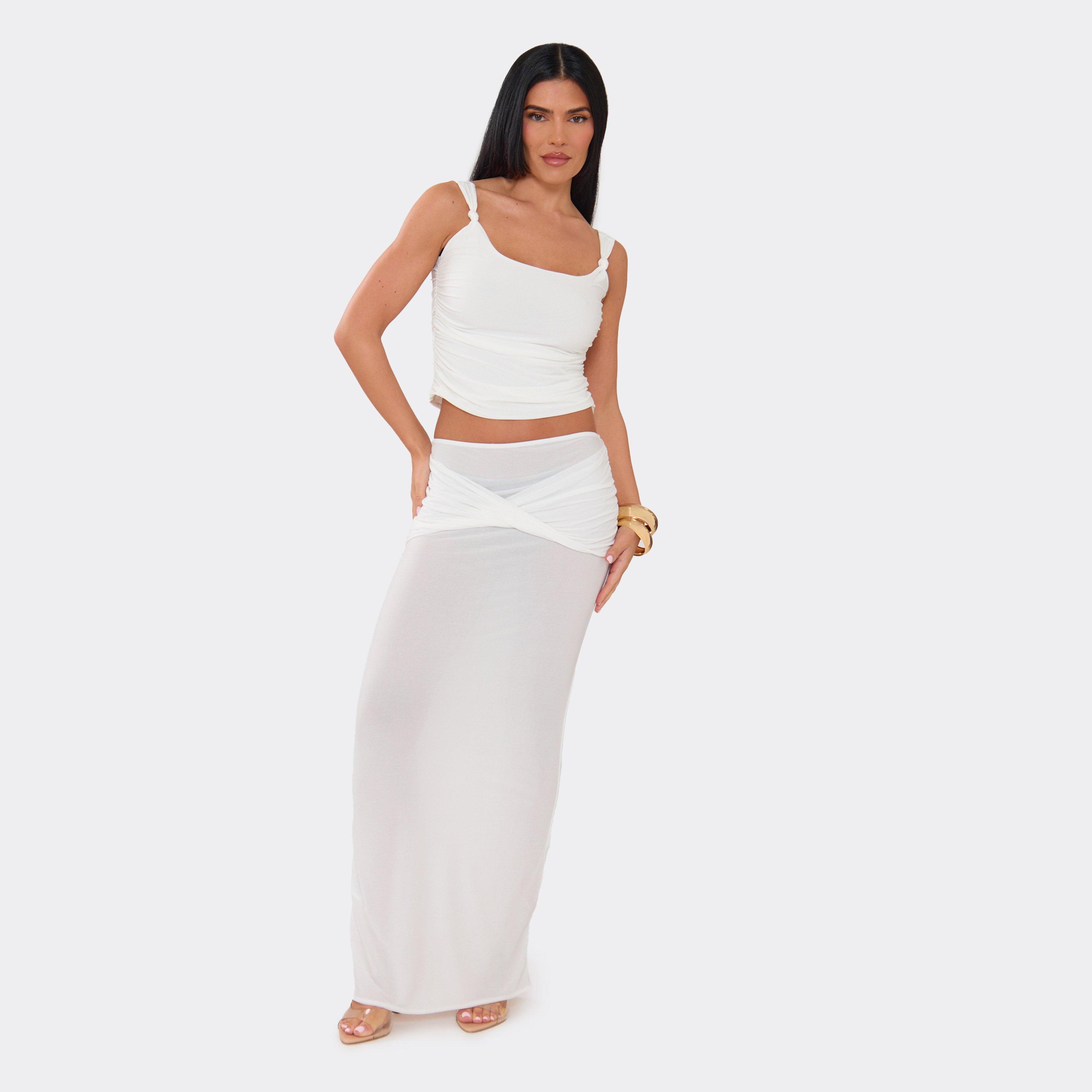 Mid Rise Twist Front Sheer Maxi Skirt In White, Women's Size UK 10