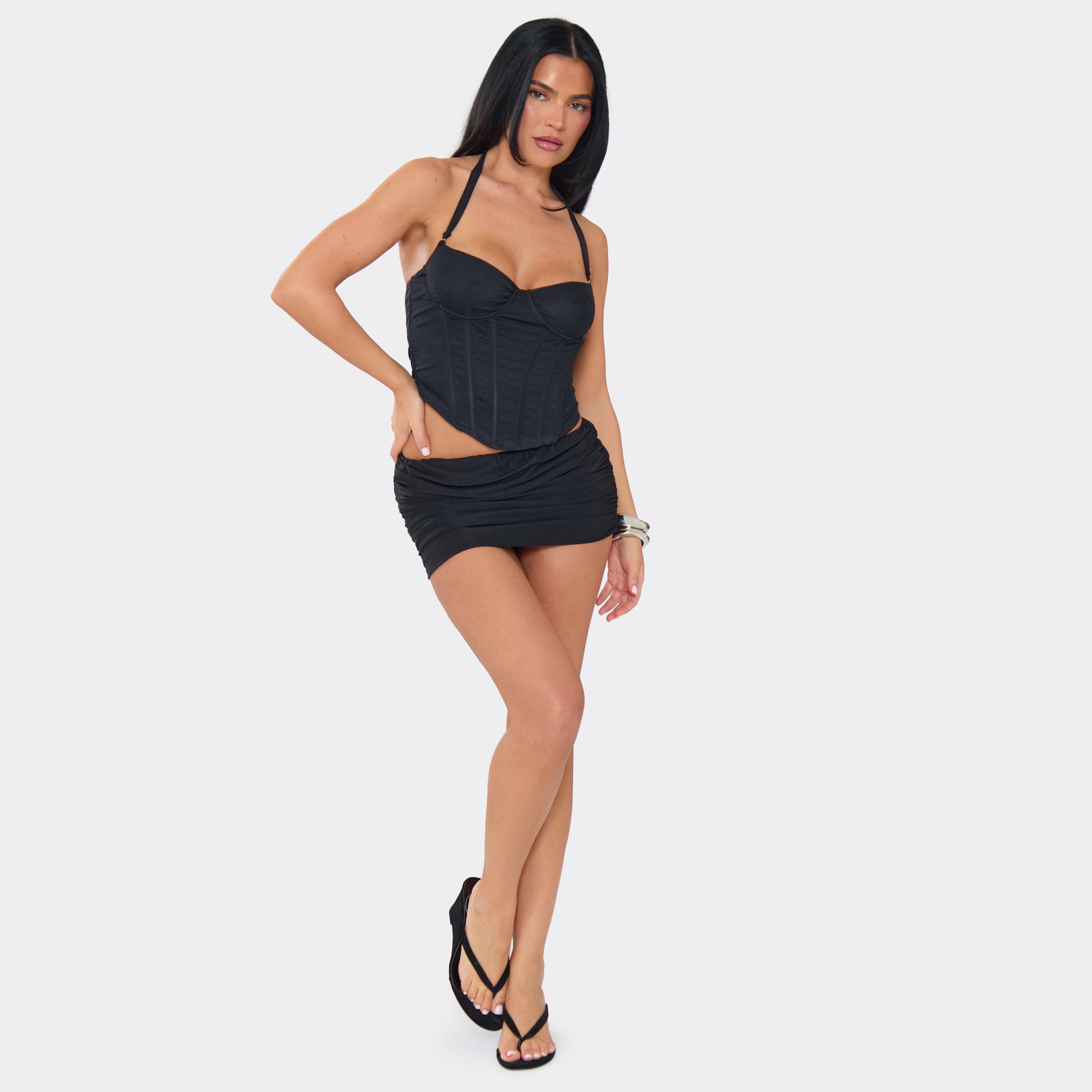 Low Rise Ruched Mini Skort In Black Chiffon, Women's Size UK 8