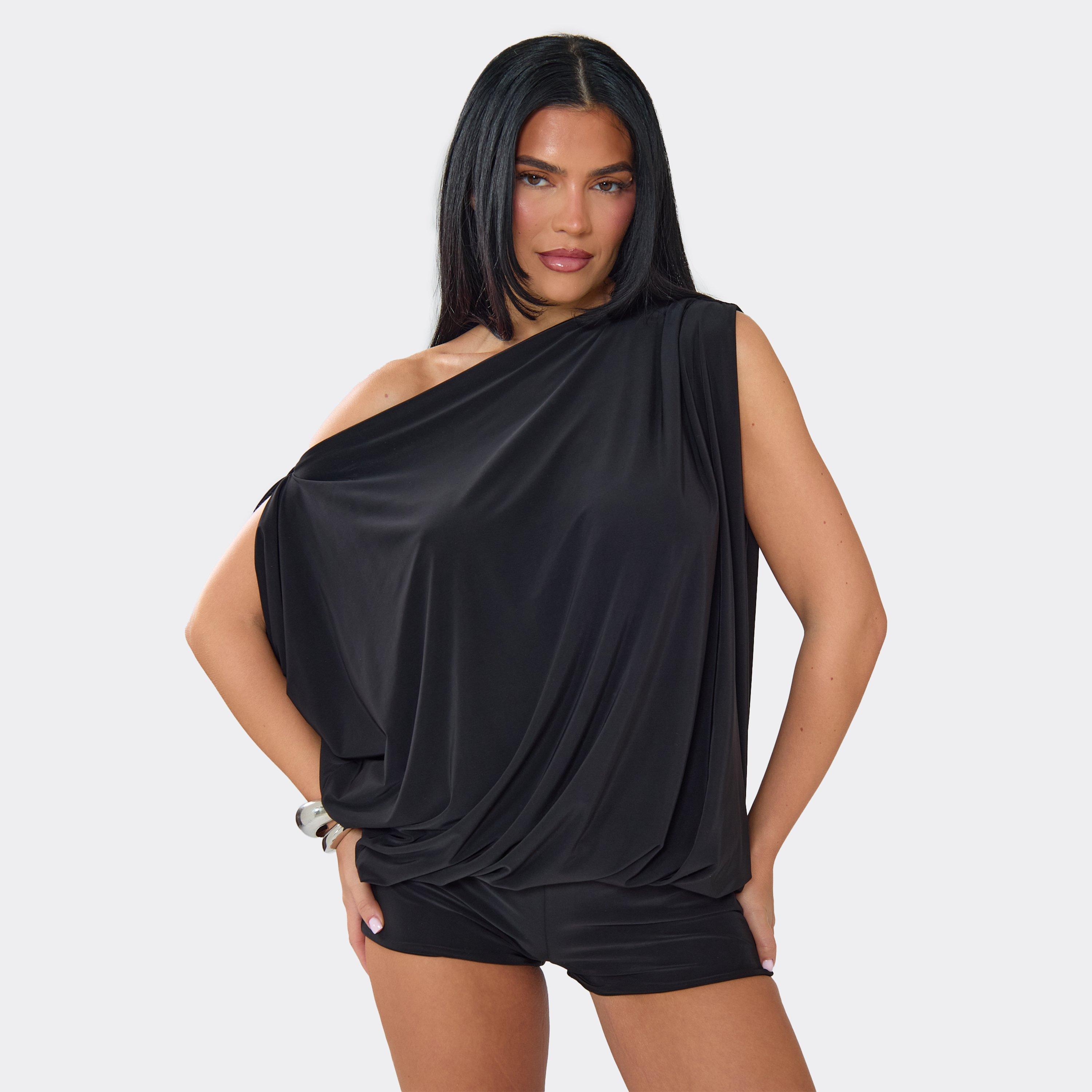 Off The Shoulder Blouson Playsuit In Black, Women's Size UK 6