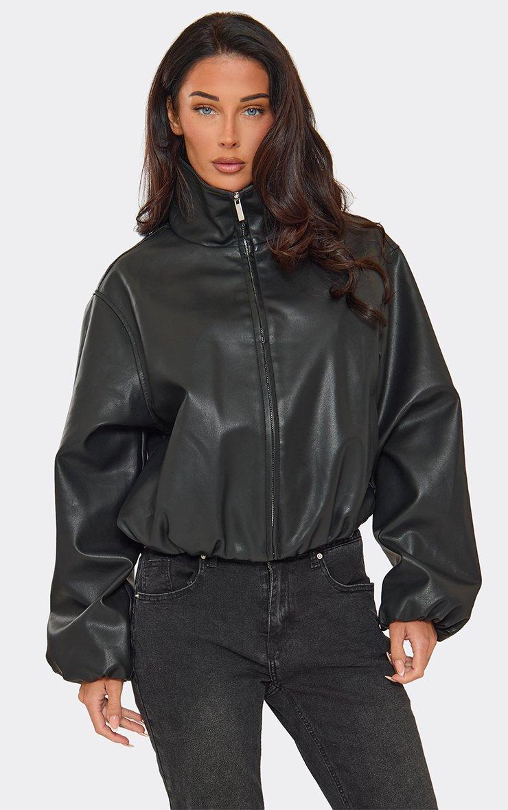 Long Sleeve High Neck Bomber Jacket In Black Faux Leather.