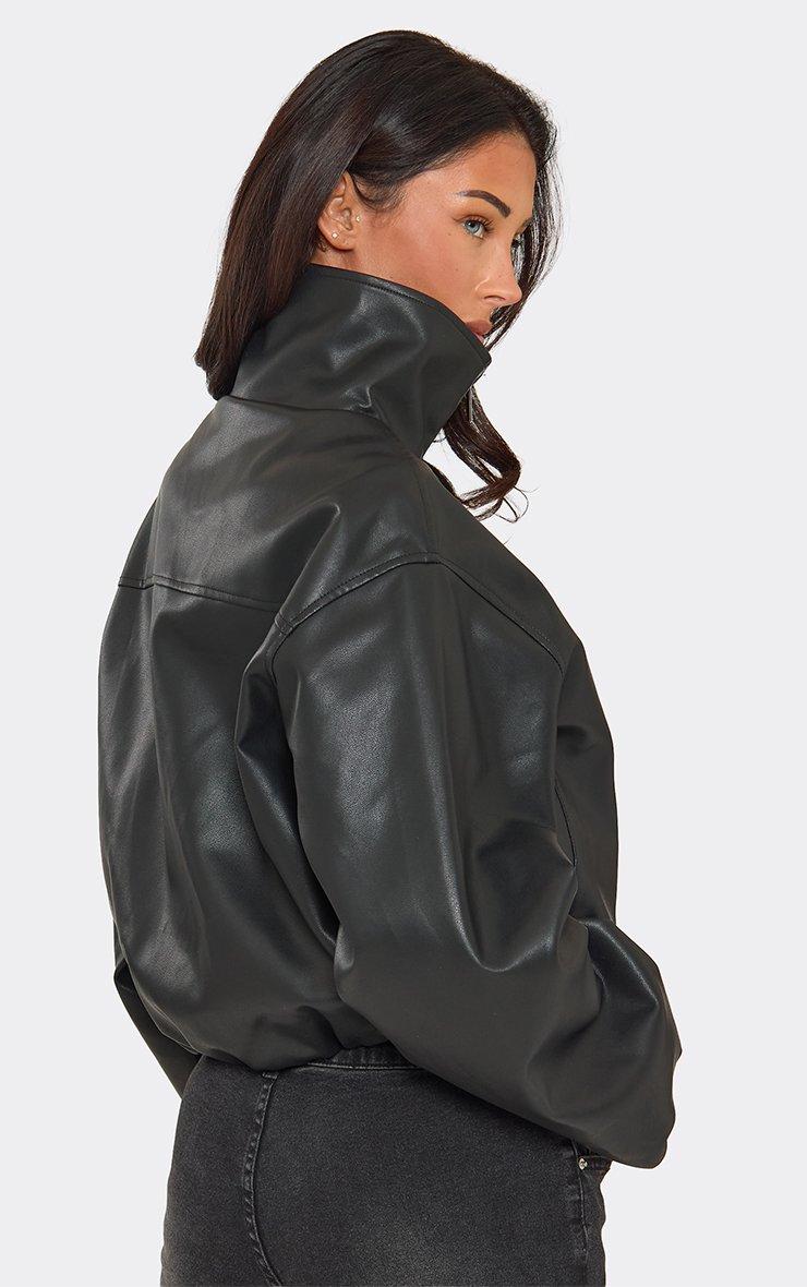 Long Sleeve High Neck Bomber Jacket In Black Faux Leather.