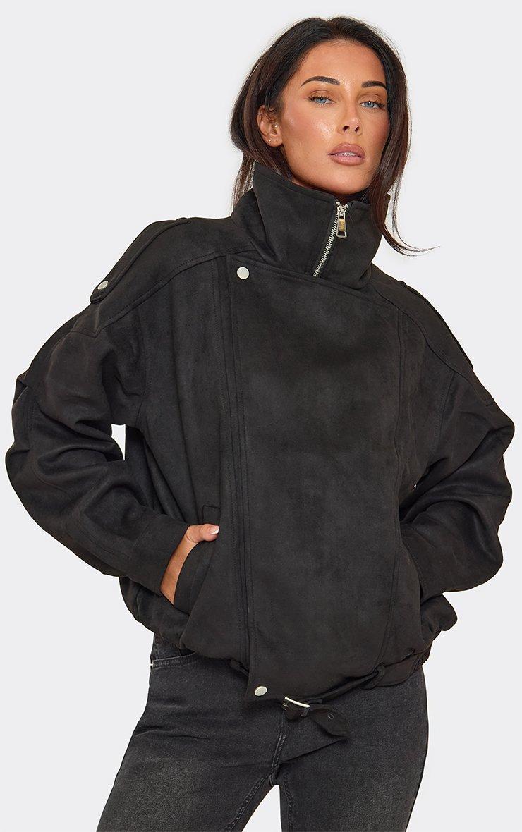Long Sleeve High Neck Biker Jacket In Black Faux Suede