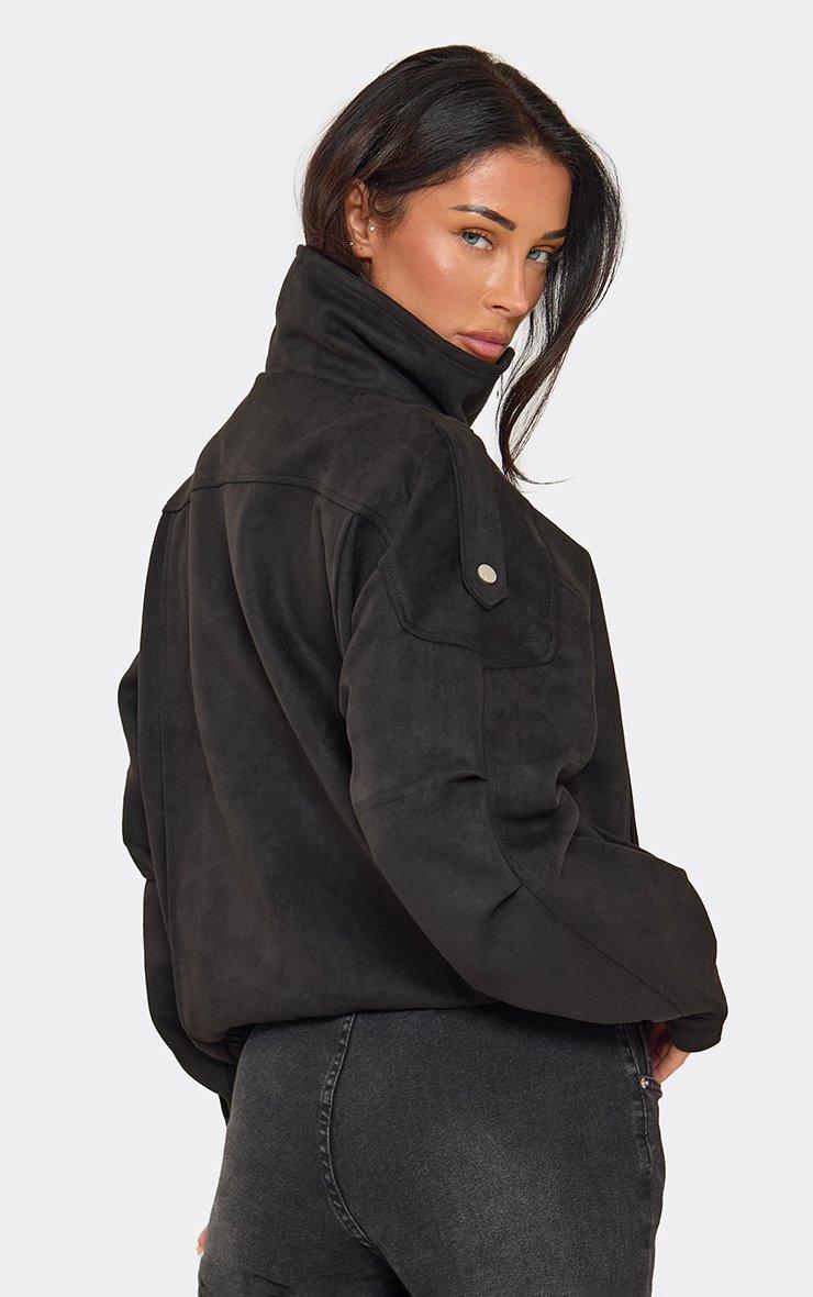Long Sleeve High Neck Biker Jacket In Black Faux Suede
